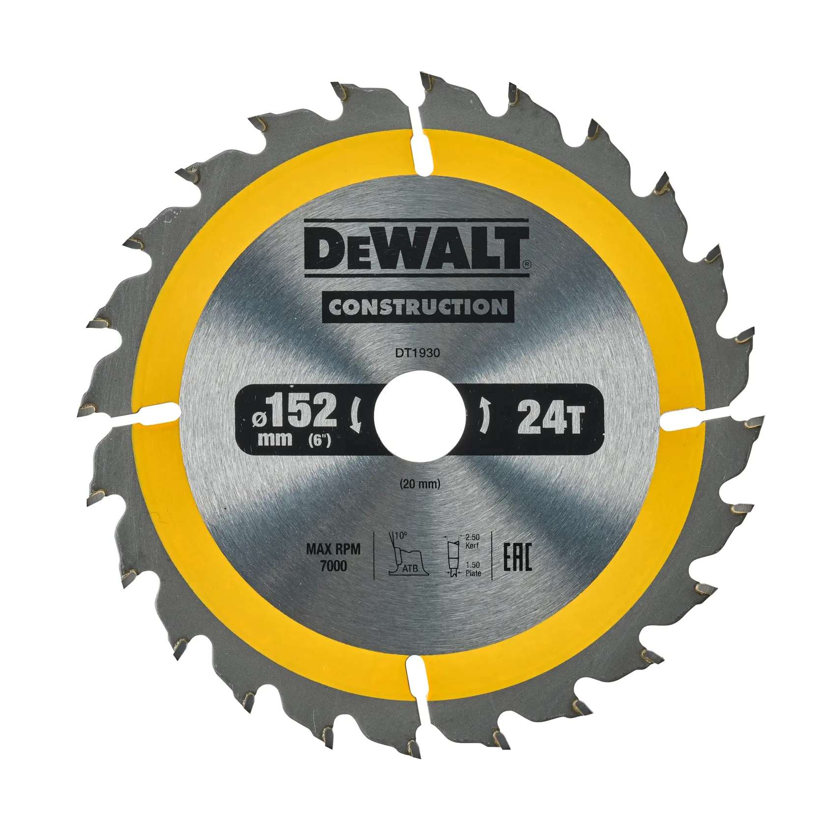 Hoja de sierra circular DEWALT DT1930, 152 mm, 24 dientes, plata con borde amarillo, para construcción.