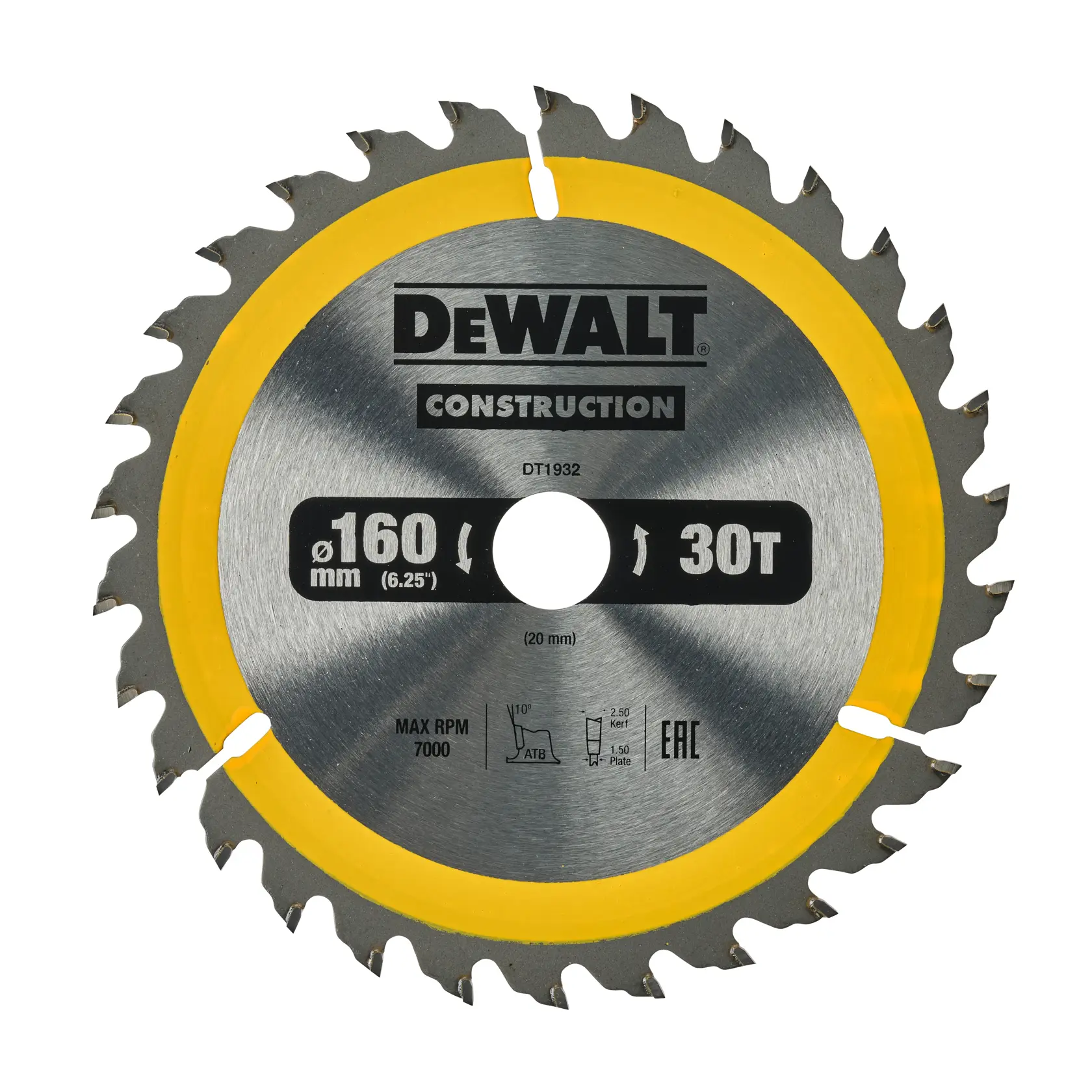 DEWALT DT1932 hoja de sierra circular de 160mm, plata con borde amarillo y 30 dientes.