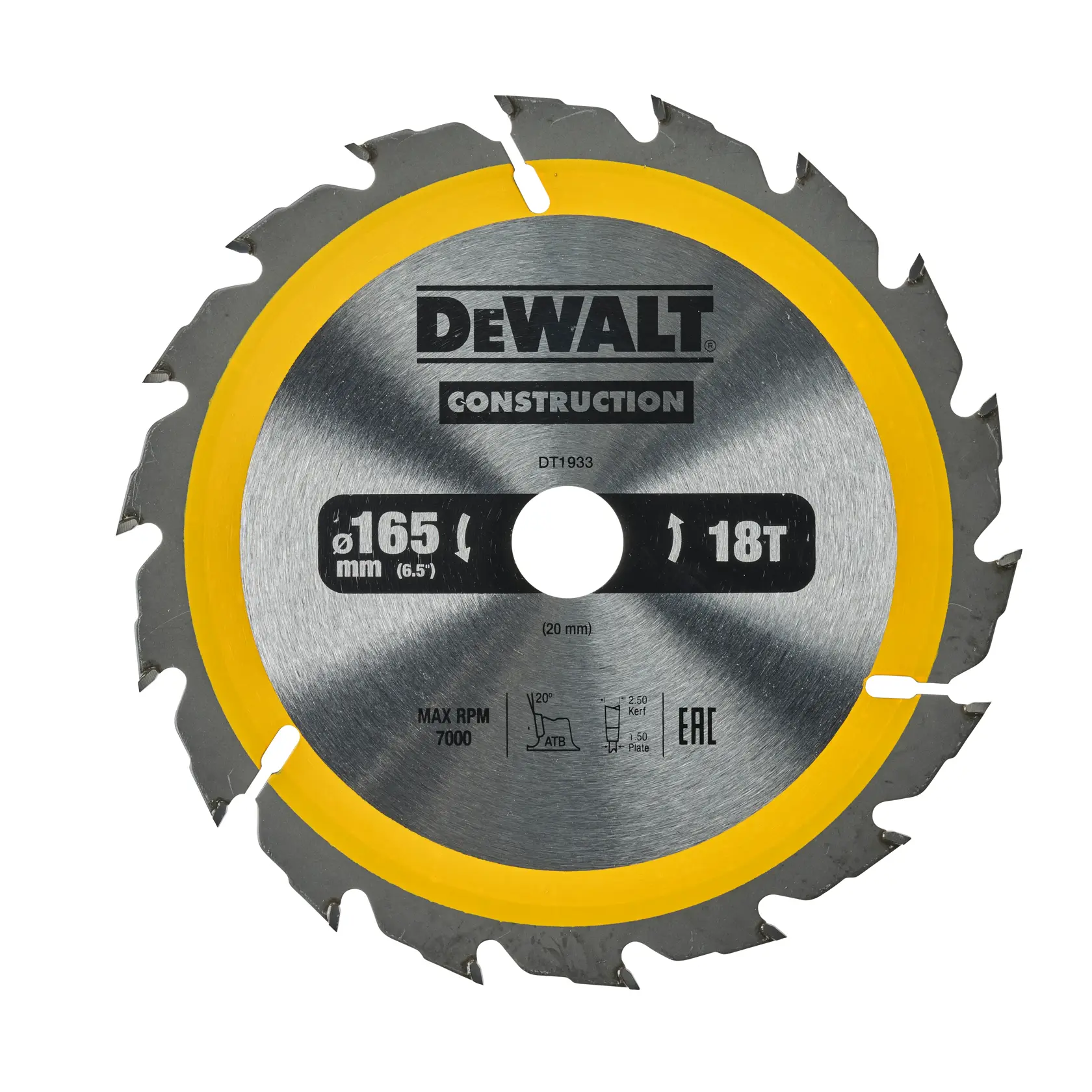 Hoja de sierra circular DEWALT DT1933, 165mm, 18 dientes, plateada con borde amarillo.