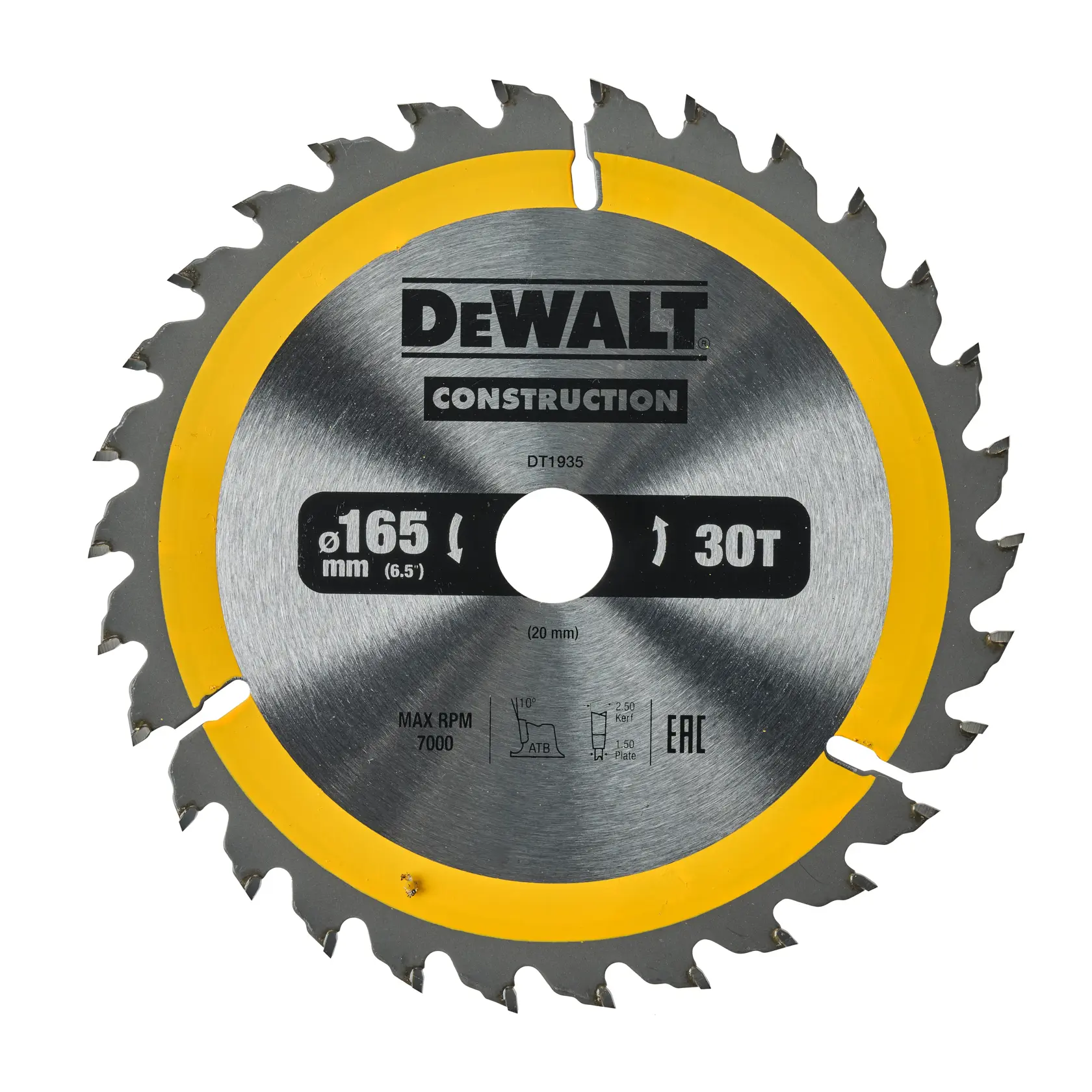 DEWALT DT1935 Konstruktions-Kreissägeblatt mit 165 mm Durchmesser und 30 Zähnen, silberne Oberfläche mit gelbem Ring und Produktdetails auf der Oberfläche gedruckt.