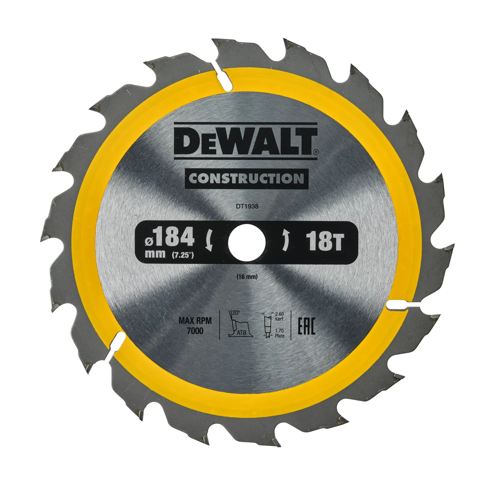 DEWALT DT1938 Kreissägeblatt, 184 mm Durchmesser, 18 Zähne, Silber mit gelbem Ring für Bauarbeiten.
