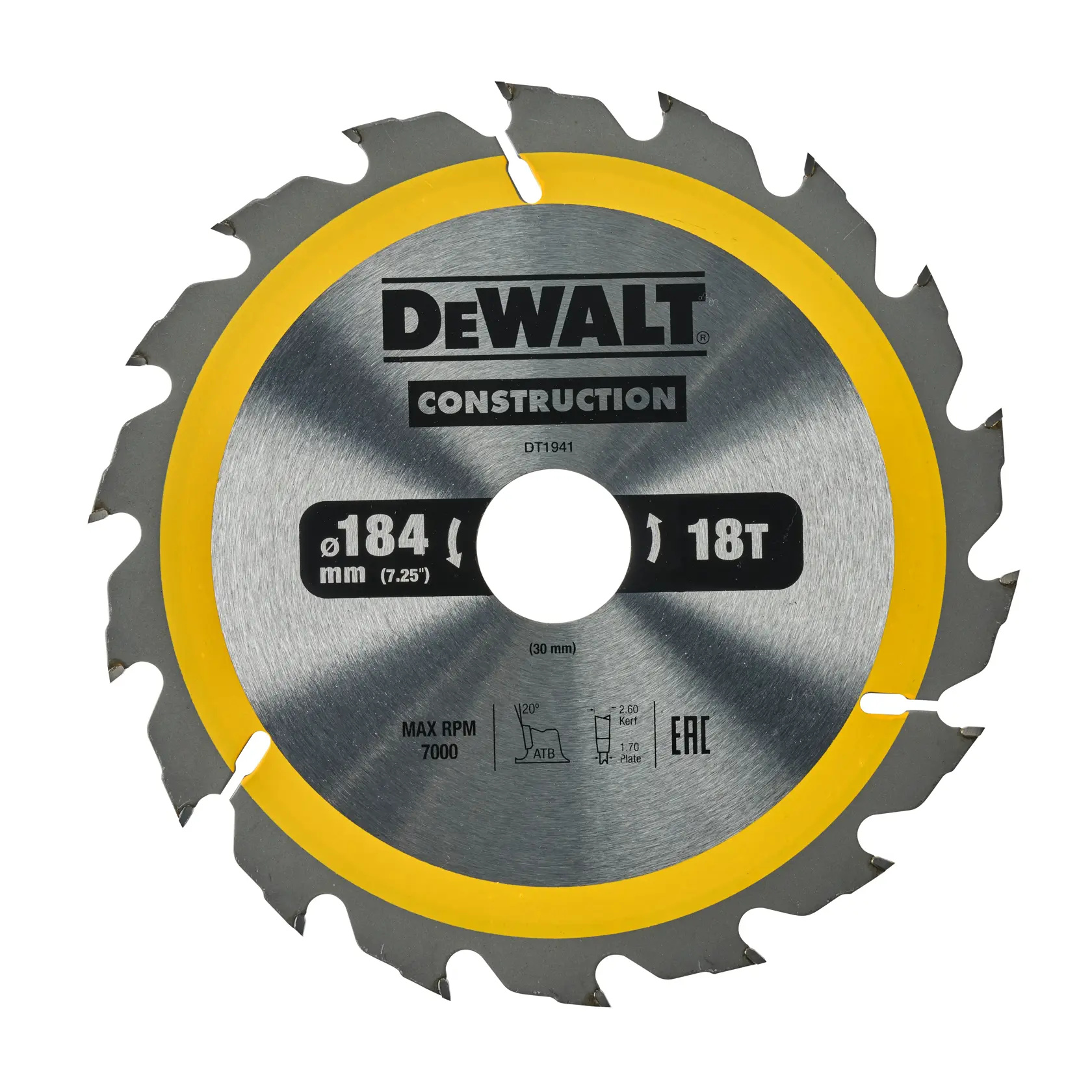 Hoja de sierra circular DEWALT DT1941, 184 mm de diámetro, 18 dientes, para construcción.