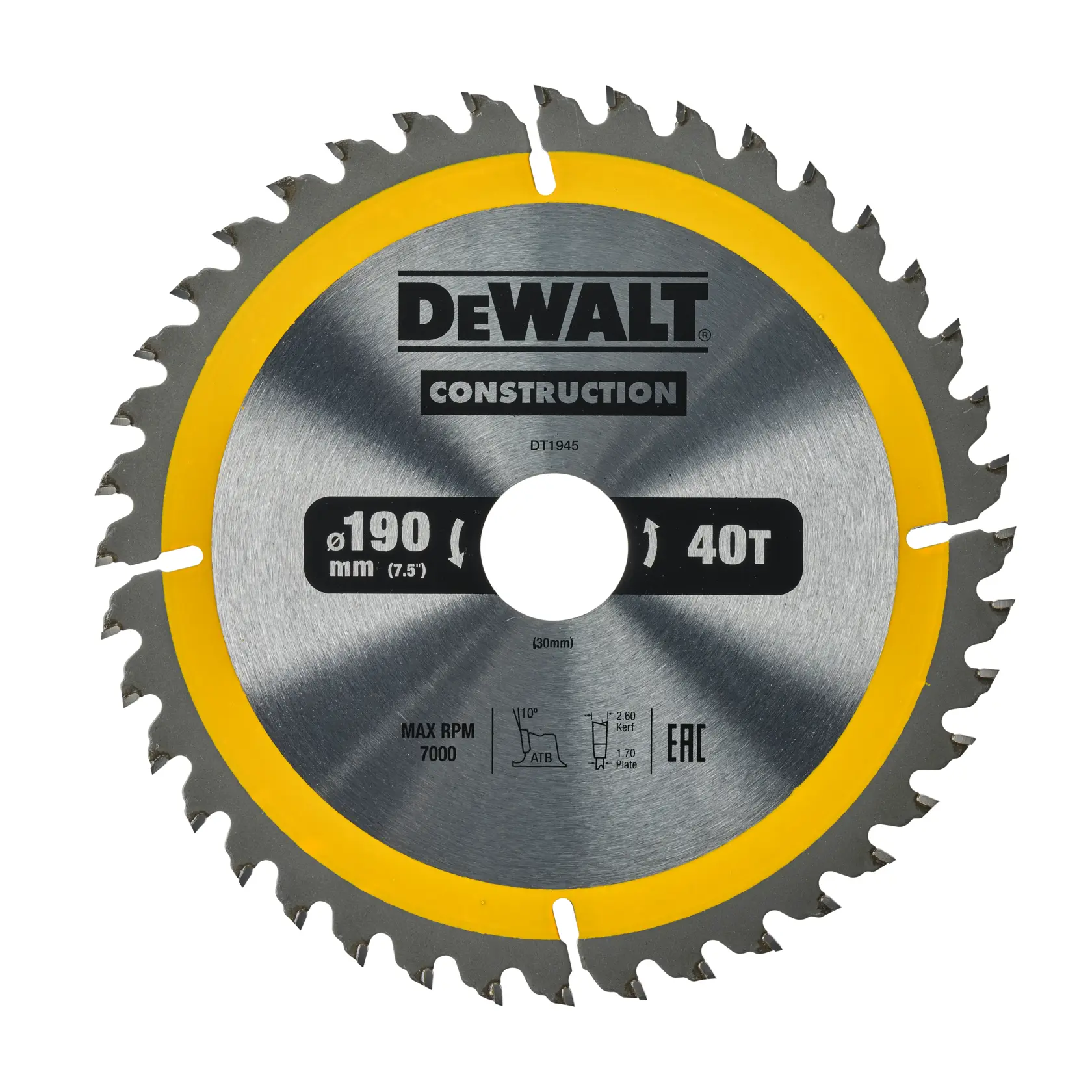 DEWALT DT1945 Kreissägeblatt, 190mm Durchmesser, 40 Zähne, silber mit gelbem Ring, für Bauzwecke.