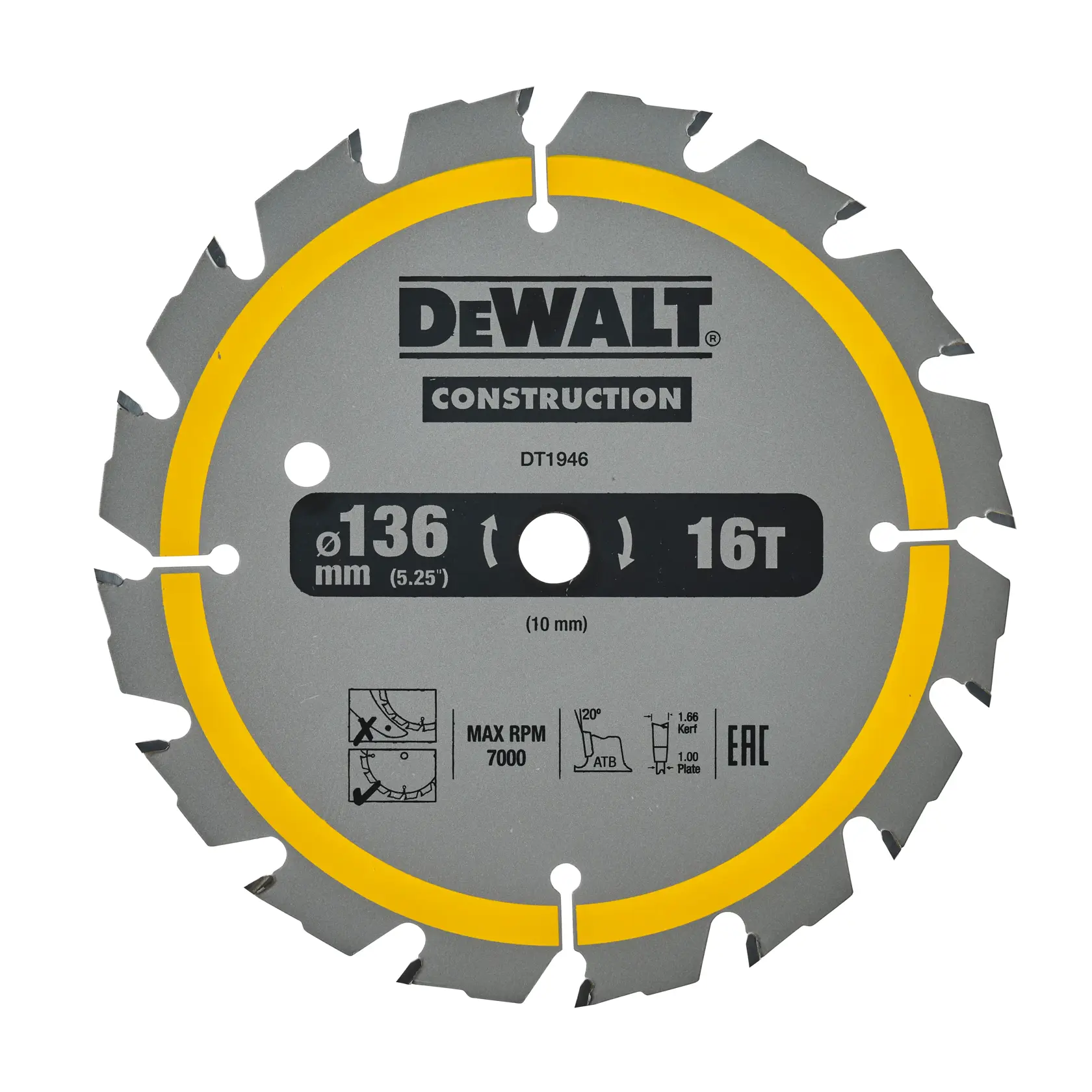 Disco de sierra DEWALT DT1946, 136 mm, 16 dientes, gris con aro amarillo, ideal para construcción.