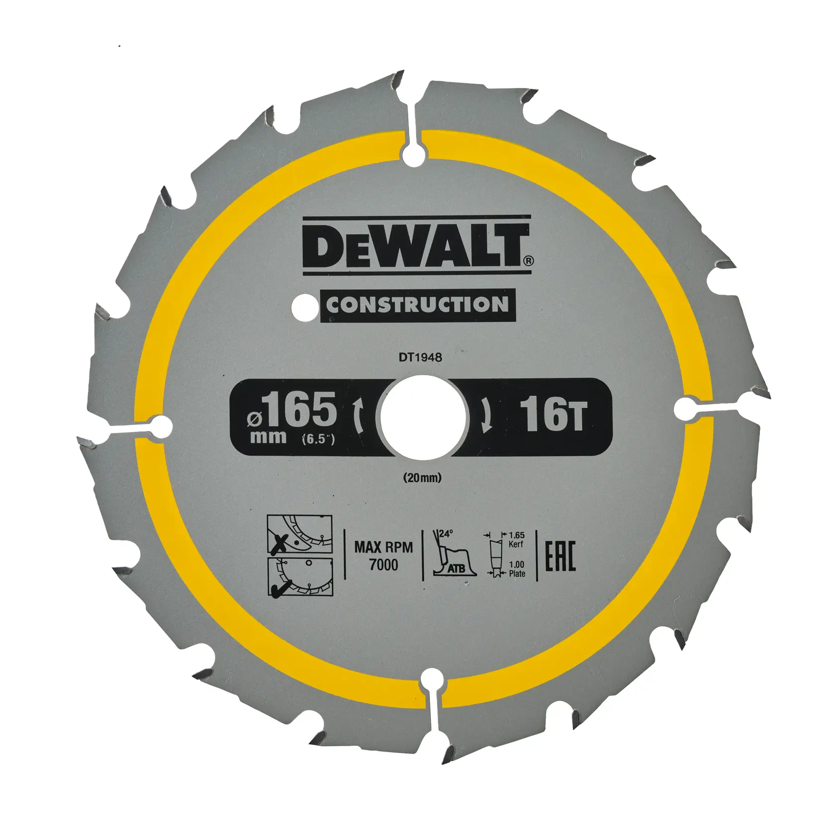 Ein DEWALT DT1948 Kreissägeblatt für Bauarbeiten mit einem Durchmesser von 165 mm, 16 Zähnen und einer maximalen Drehzahl von 7000 U/min. Das Sägeblatt hat eine graue Oberfläche mit gelben Details und beschrifteten Spezifikationen.
