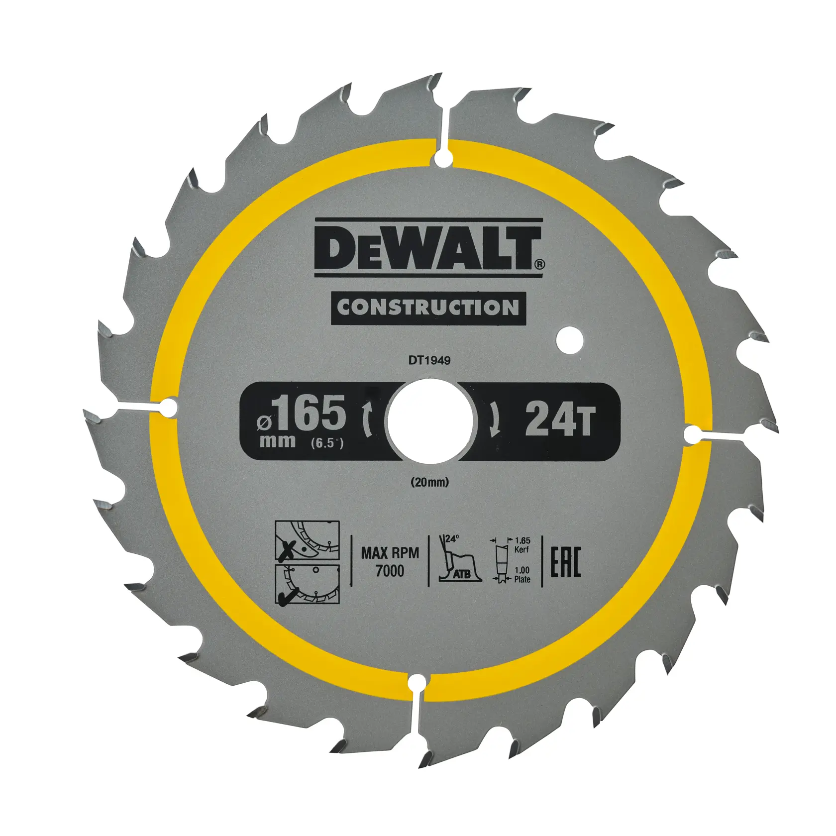 DEWALT Construction Kreissägeblatt, Modell DT1949, mit 24 Zähnen und einem Durchmesser von 165 mm. Das Blatt ist grau mit einem gelben Ring, und Produktspezifikationen sind auf die Oberfläche gedruckt.