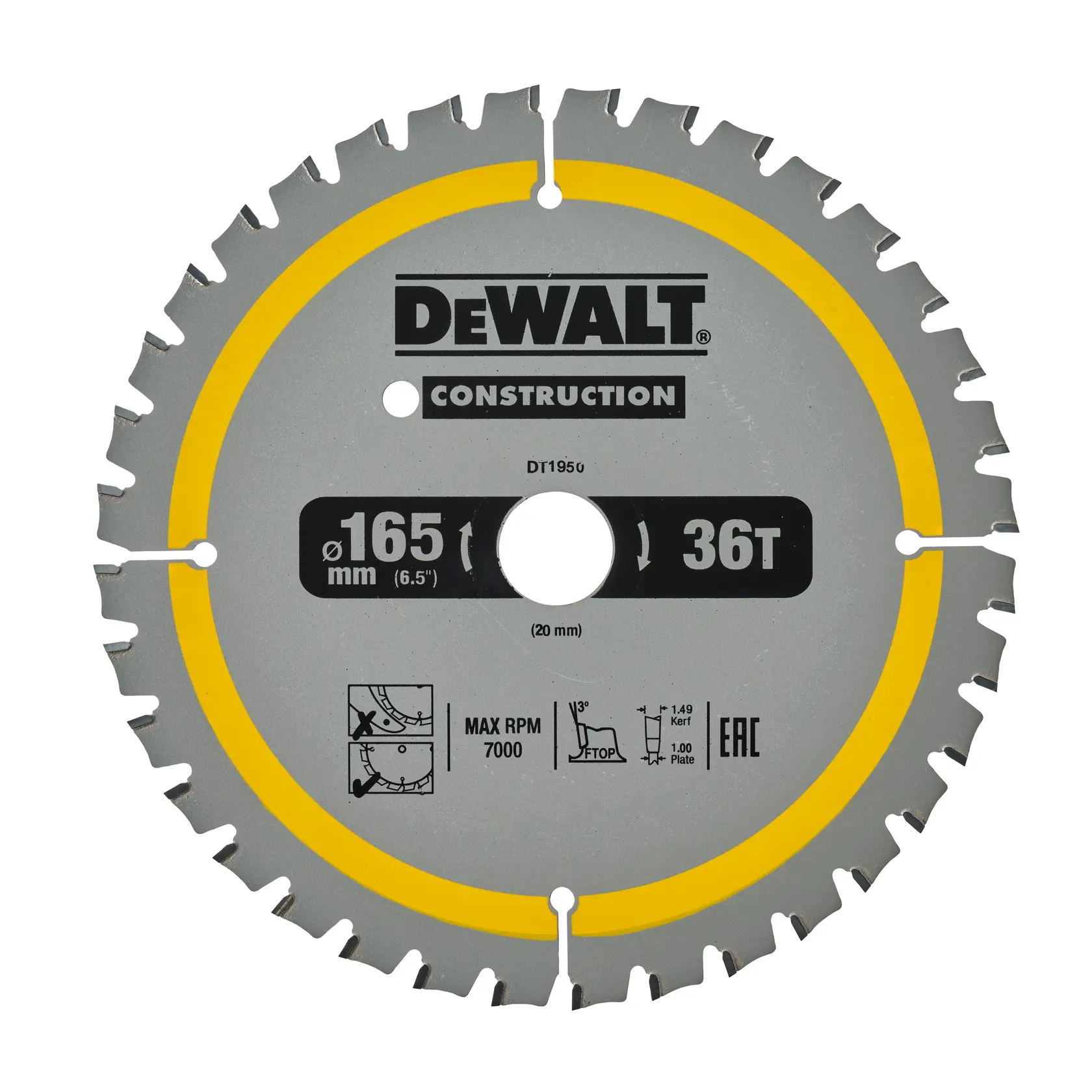 DEWALT DT1950 Kreissägeblatt mit 36 Zähnen, 165 mm Durchmesser, für Bauarbeiten.