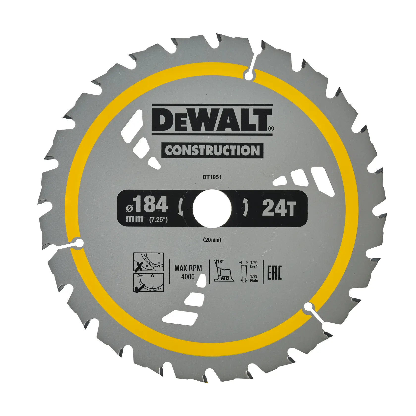 DEWALT DT1951 Kreissägeblatt, 184mm Durchmesser, 24 Zähne, silber mit gelbem Ring, Bau.