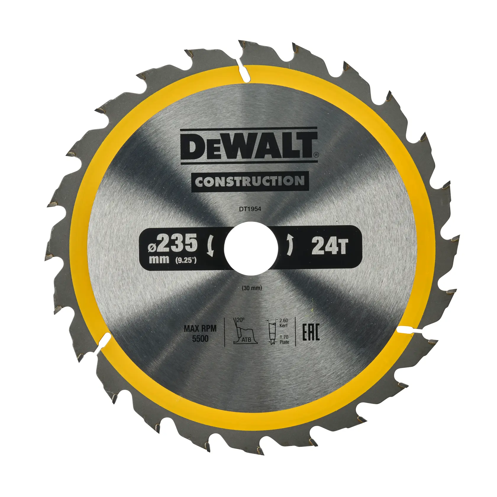 Hoja de sierra circular DEWALT DT1954, 24 dientes, diámetro 235mm, para construcción.
