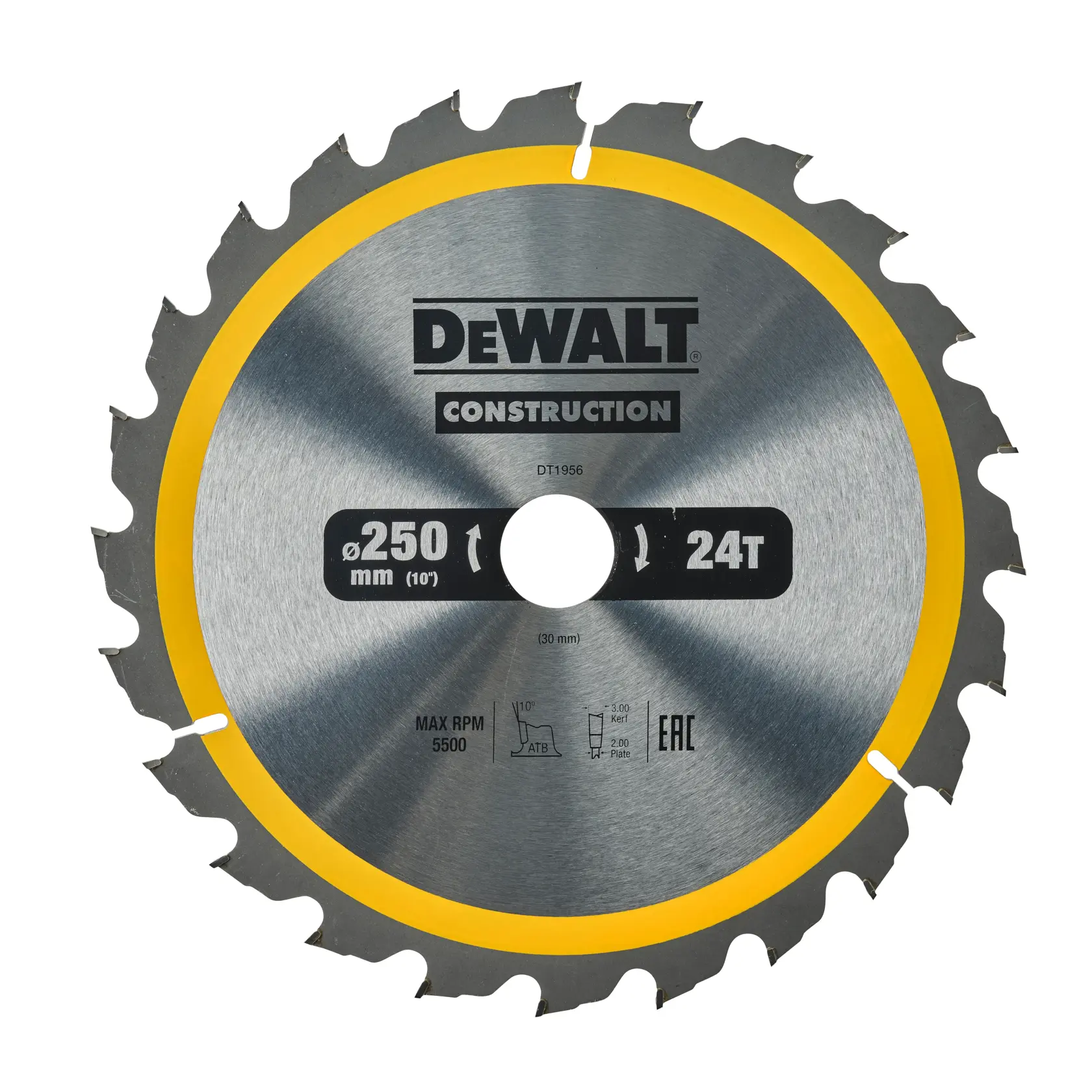 Eine DEWALT Kreissägeblatt, Modell DT1956, für den Einsatz im Bauwesen. Das Sägeblatt ist aus Metall mit einem gelben Rand, hat 24 Zähne, einen Durchmesser von 250 mm (10 Zoll) und weitere Spezifikationen sind auf dem Blatt aufgedruckt.