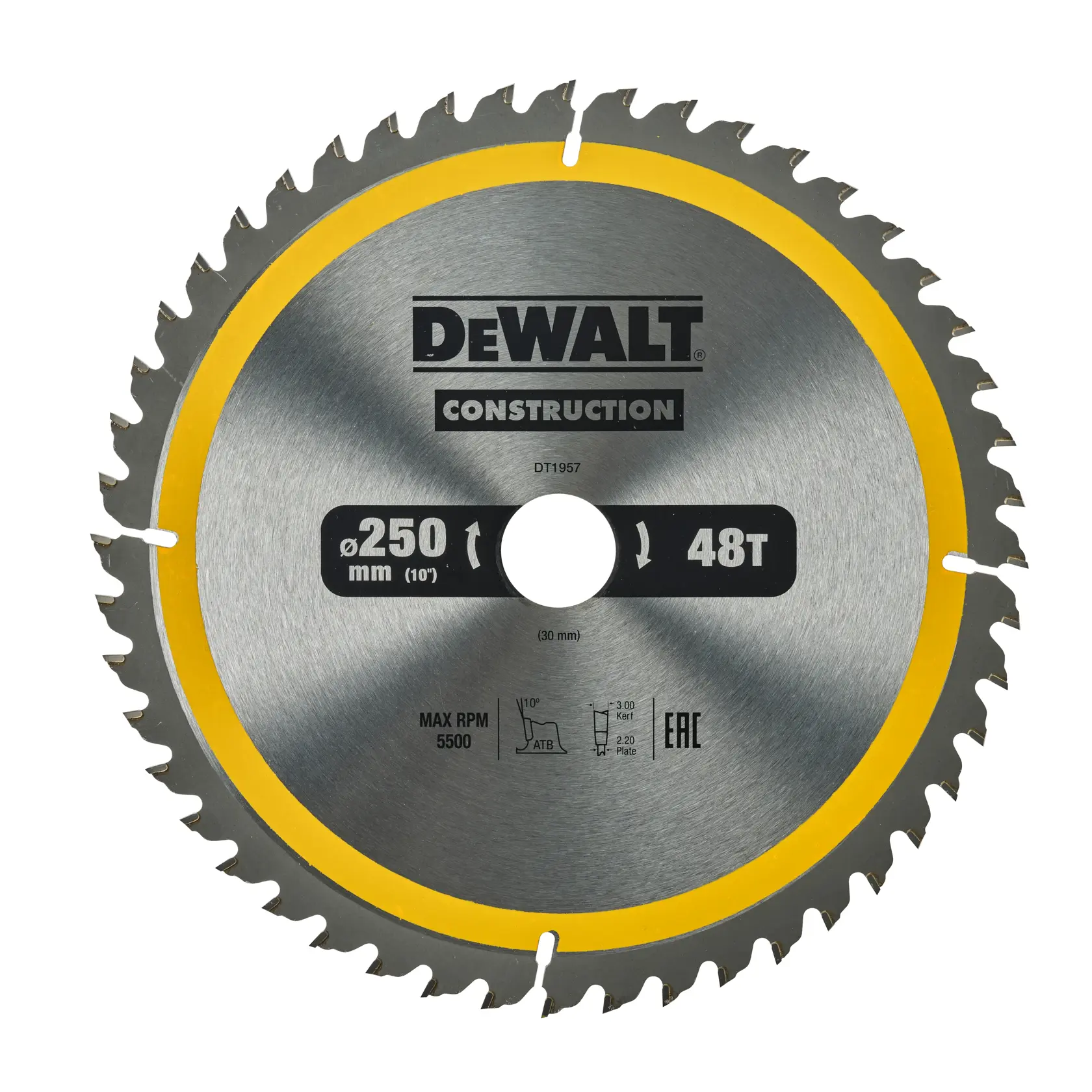 DEWALT DT1957 Kreissägeblatt, 250mm Durchmesser, 48 Zähne, silbern mit gelbem Ring, für Bauarbeiten.