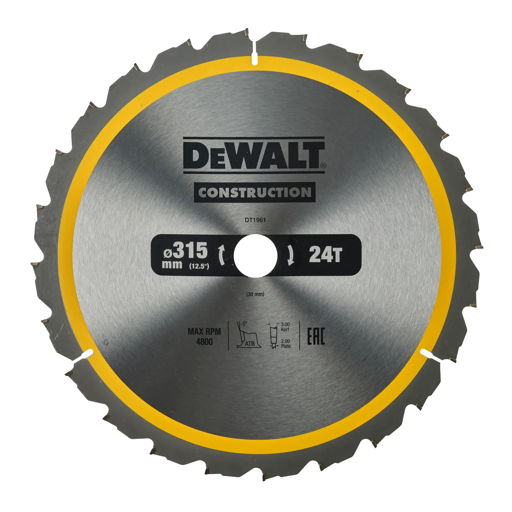 DEWALT DT1961 Kreissägeblatt 315mm, 24 Zähne, silber mit gelbem Rand, für Bauarbeiten.