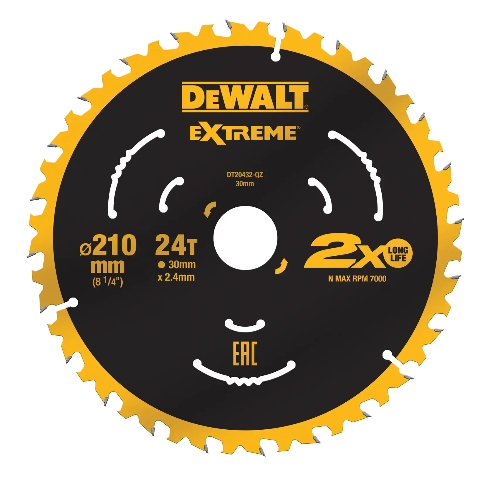 DEWALT Extreme Kreissägeblatt DT20432, 210 mm Durchmesser, 24 Zähne, schwarz-gelb, für Schneidarbeiten.