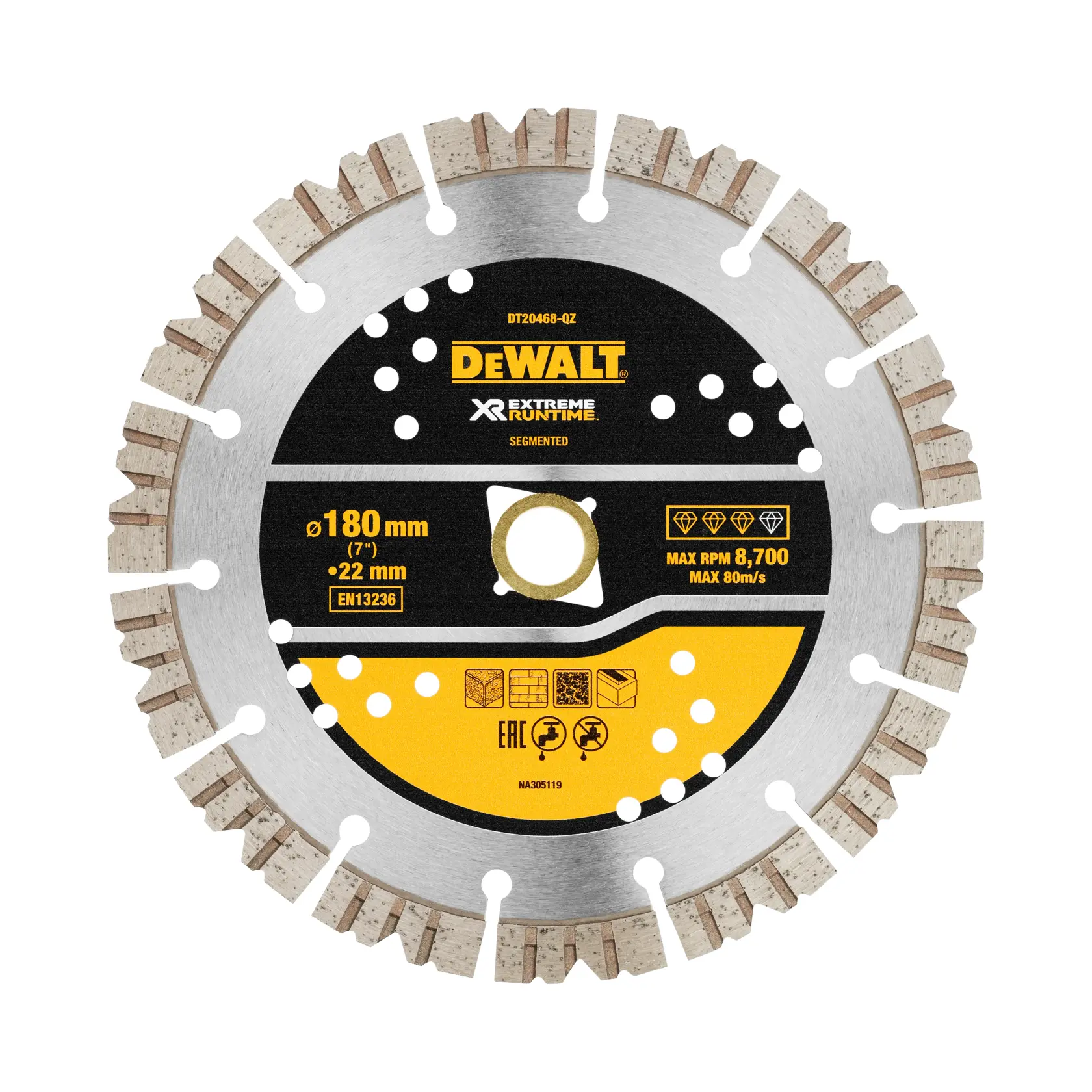 Grafik mit DEWALT XTREME Sub-Compact Series Branding und dem Slogan 'Kompakt und leistungsstark' auf gelbem Hintergrund.