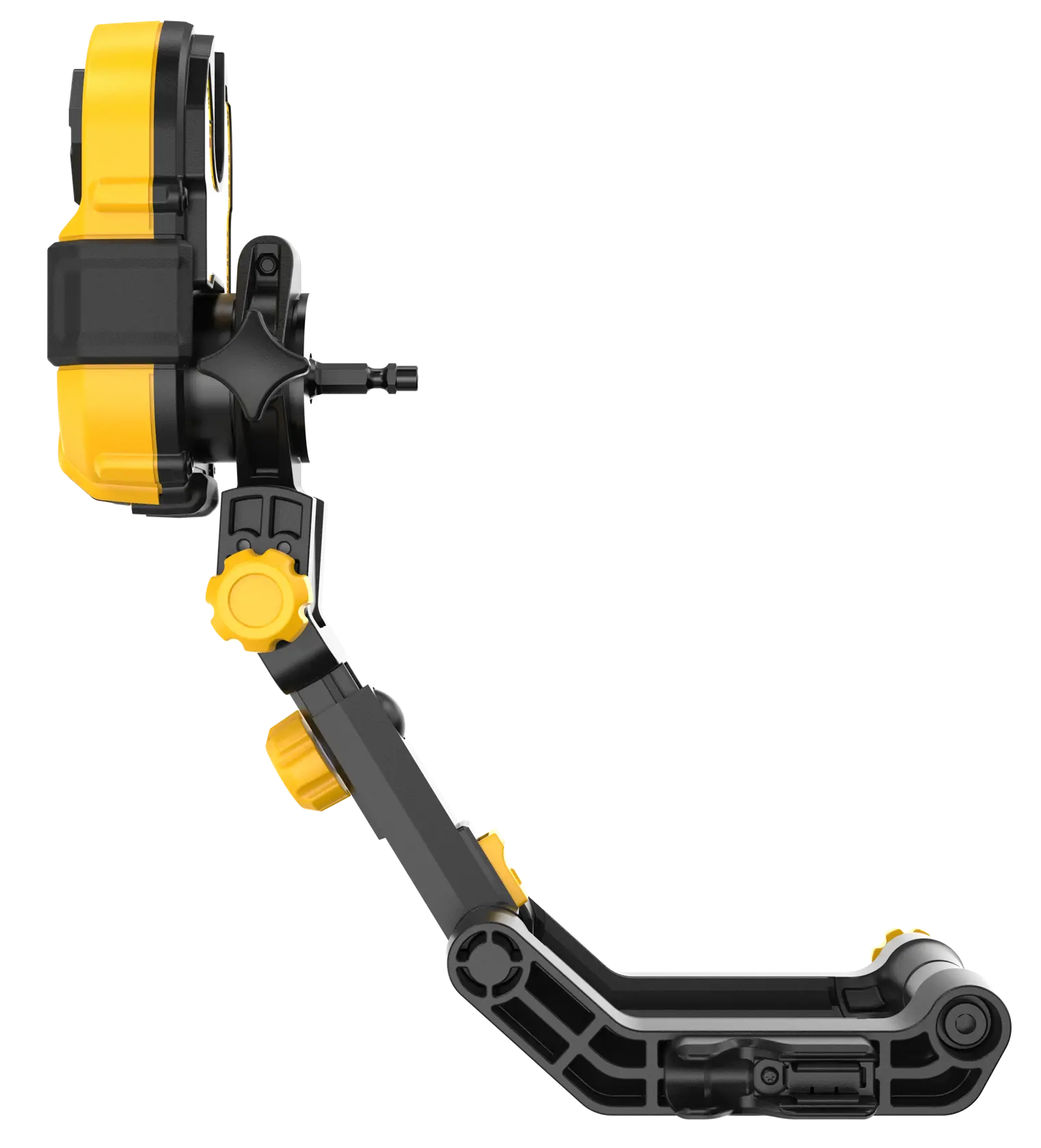 Seitenansicht eines DEWALT DT20562 verstellbaren Kamerahalterungsarmes in Gelb und Schwarz.