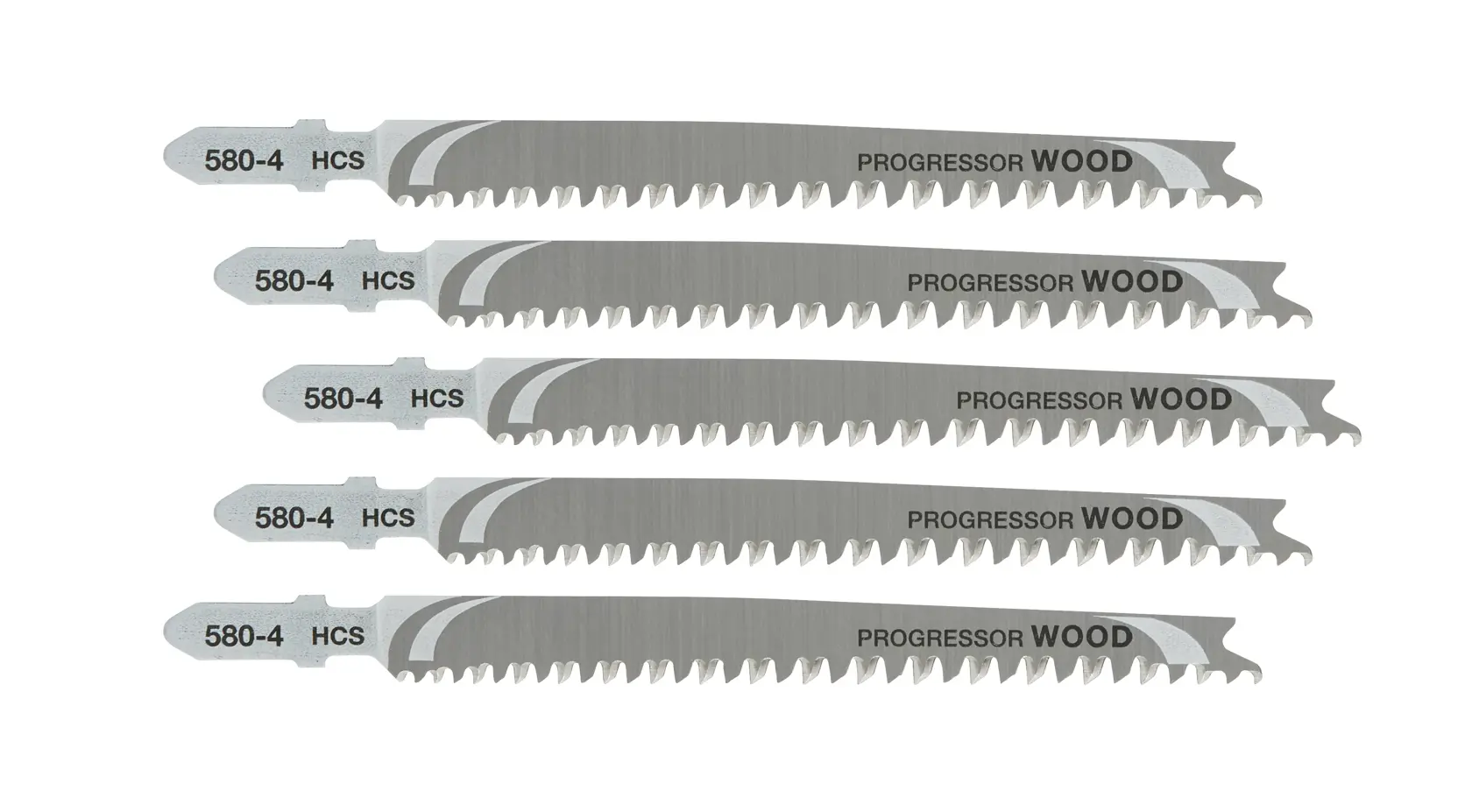 Cinco hojas de sierra DEWALT DT2057 para madera, color plateado, dientes afilados alineados.