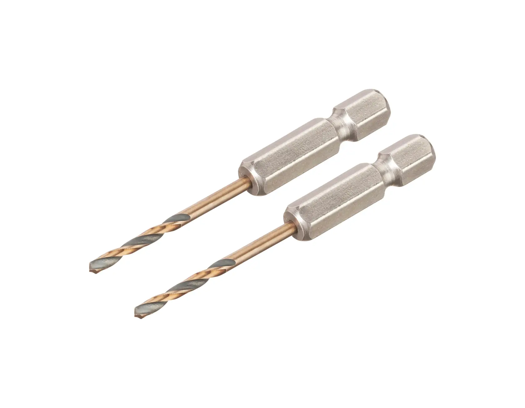 Zwei DEWALT Sechskant-Bohrer mit Metallfinish nebeneinander auf weißem Hintergrund.