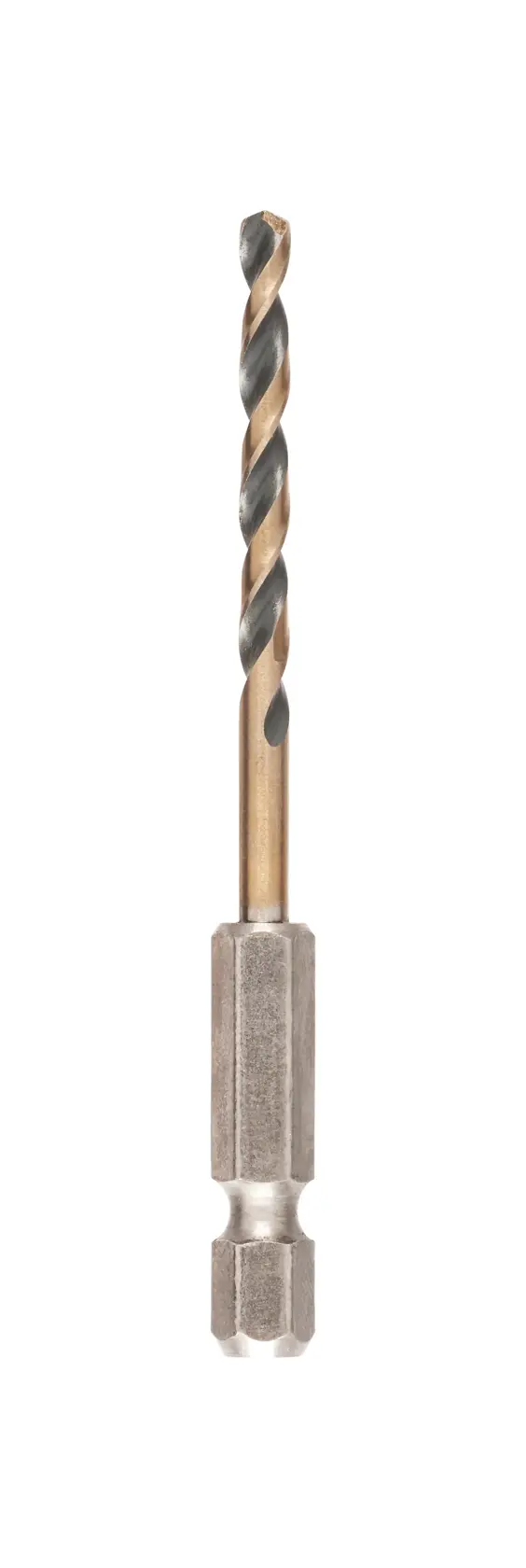 DEWALT Metallbohrer mit Sechskant und Spiralspitze, stehend auf weißem Hintergrund.