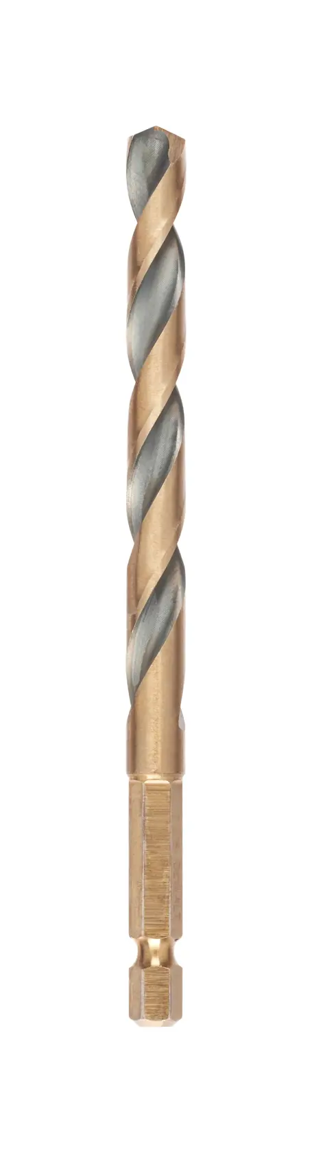 DEWALT DT20612 Sechskant-Bohrer mit gold-silberner Spirale auf weißem Hintergrund.