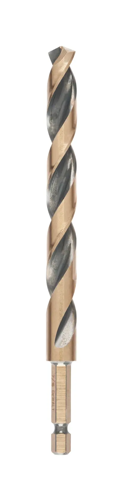 Metall-Bohrer mit Sechskantschaft, Gold-Silber Finish, DEWALT DT20617, stehend auf weißem Hintergrund.