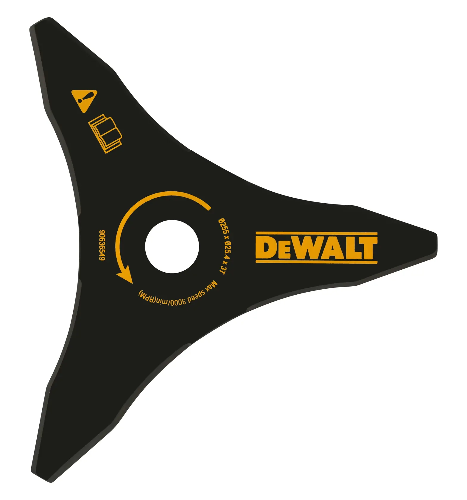 DEWALT DT20653 Dreizahn-Schwarzblatt für Freischneider und Gartengeräte, gelbes Logo und Markierungen.