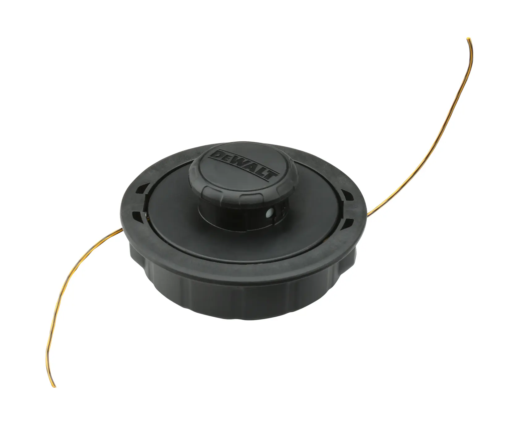 Eine schwarze DEWALT-Trimmer-Spule mit gelber Schneidlinie, geeignet für den Einsatz mit Gartengeräten.