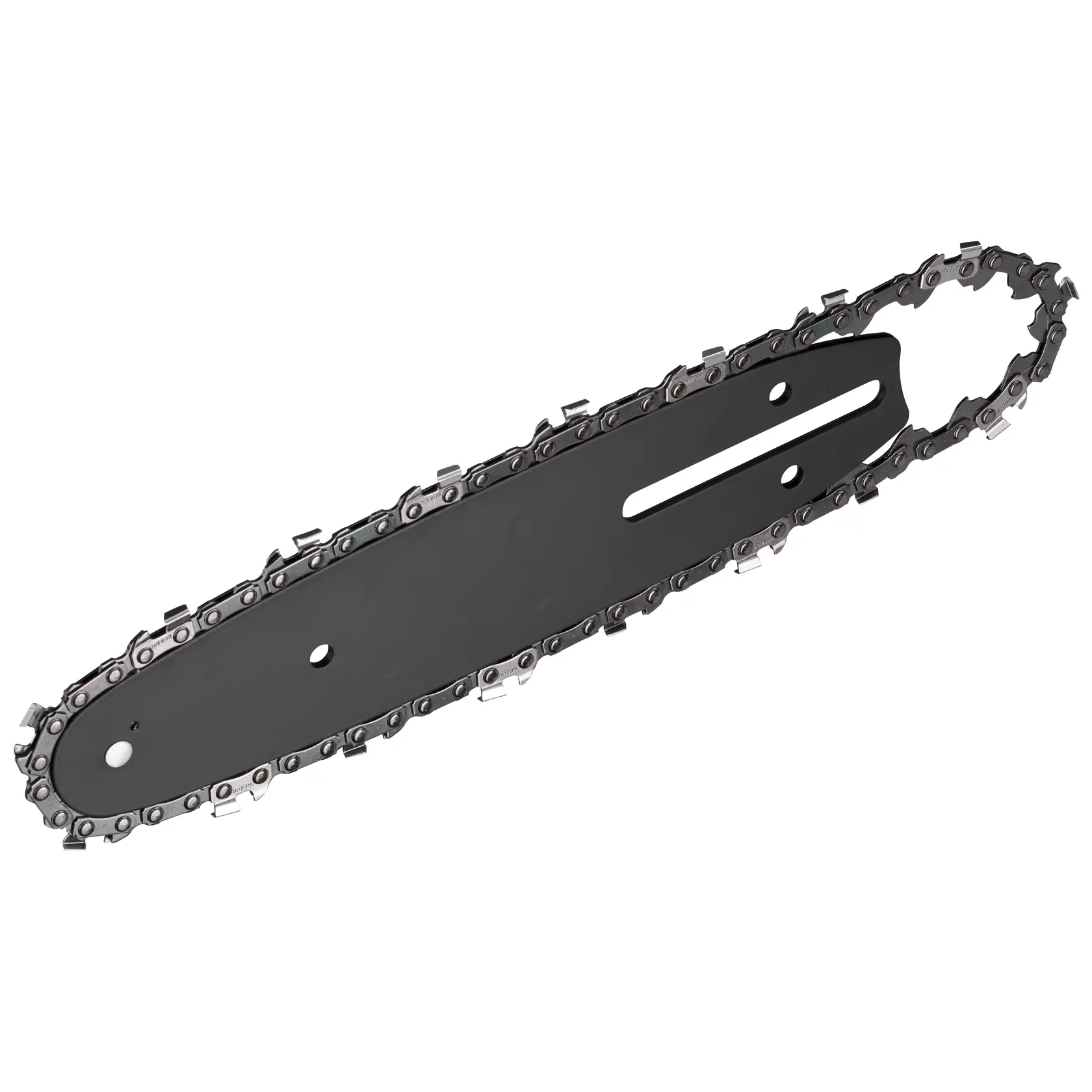 Nahaufnahme eines DEWALT-Kettensägenblatts mit befestigter Kette, vor weißem Hintergrund.