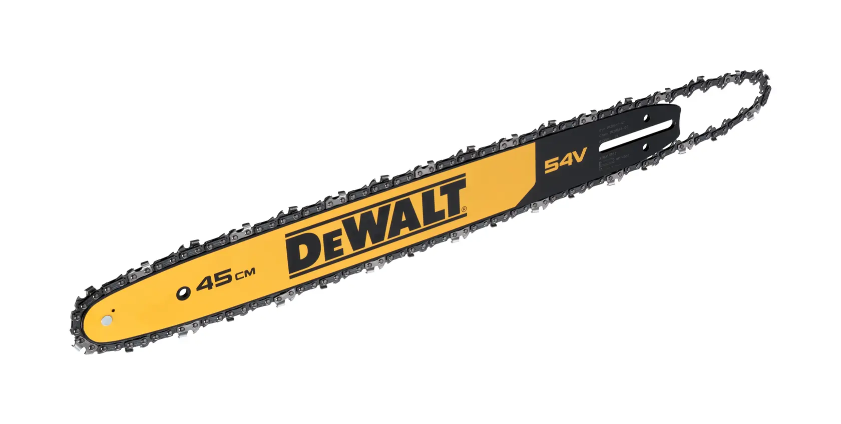 DEWALT 45cm 54V Kettensägenleiste mit Kette, gelb und schwarz, für Elektrowerkzeuge.