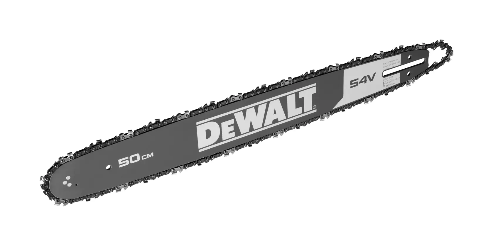 DEWALT 50 cm Kettensägen-Schiene mit Kette, 54V. Schwarz-silbernes Design, auf weiß dargestellt.