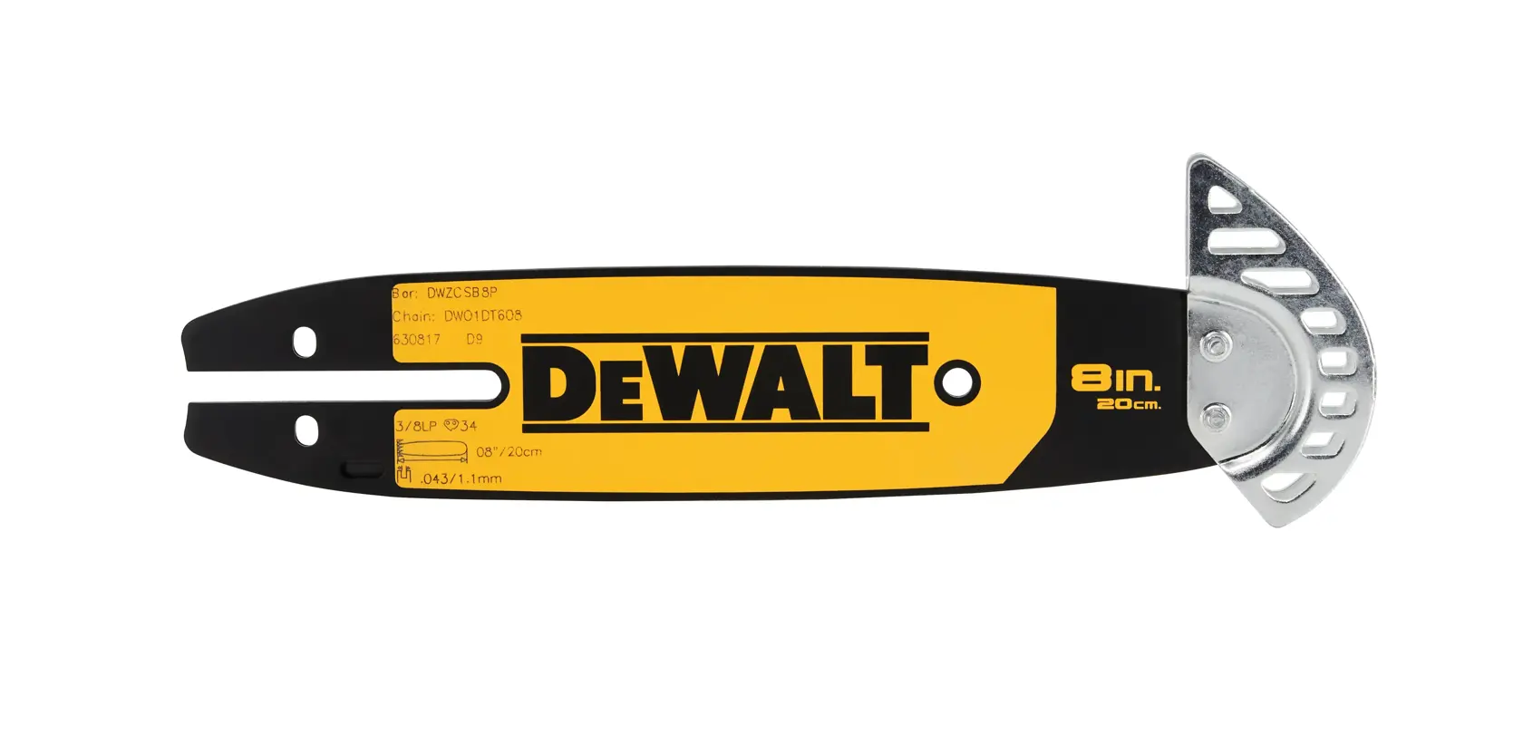 DEWALT DT20694 gelbe und schwarze Kettensägen-Führungsschiene mit 8 Zoll (20 cm) Länge und Metallsprossenspitze, geeignet für Elektrowerkzeuge.