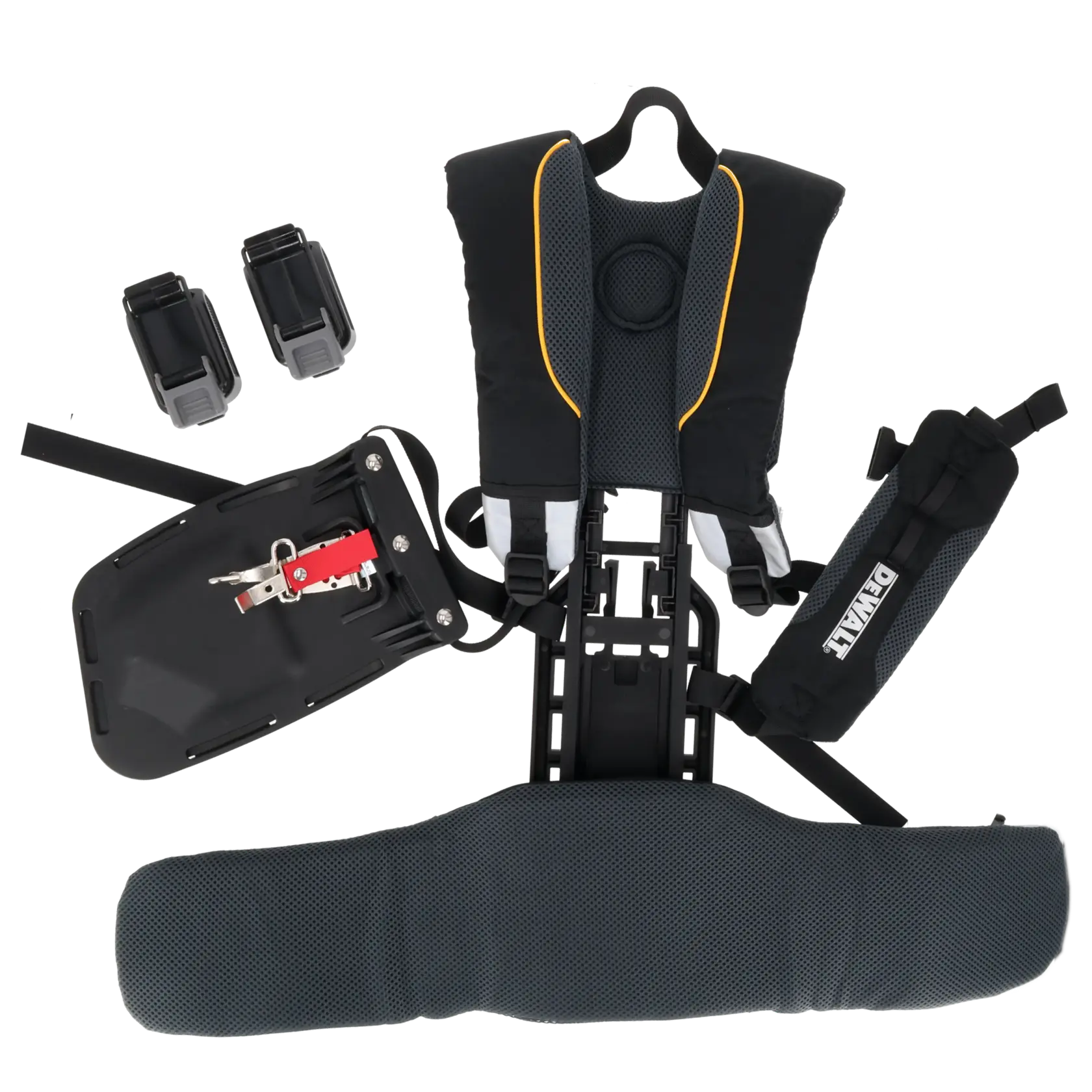 DEWALT DT20699 Gurtzeug-Set mit Polsterungen, Rückenstütze, Befestigungen und Zubehör auf weißem Hintergrund.