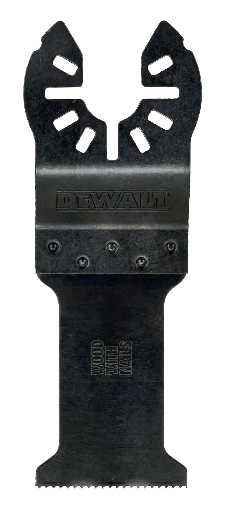 DEWALT DT20701 Oscillationsblatt für Holz mit Nägeln, schwarz, mit gezackter Kante.