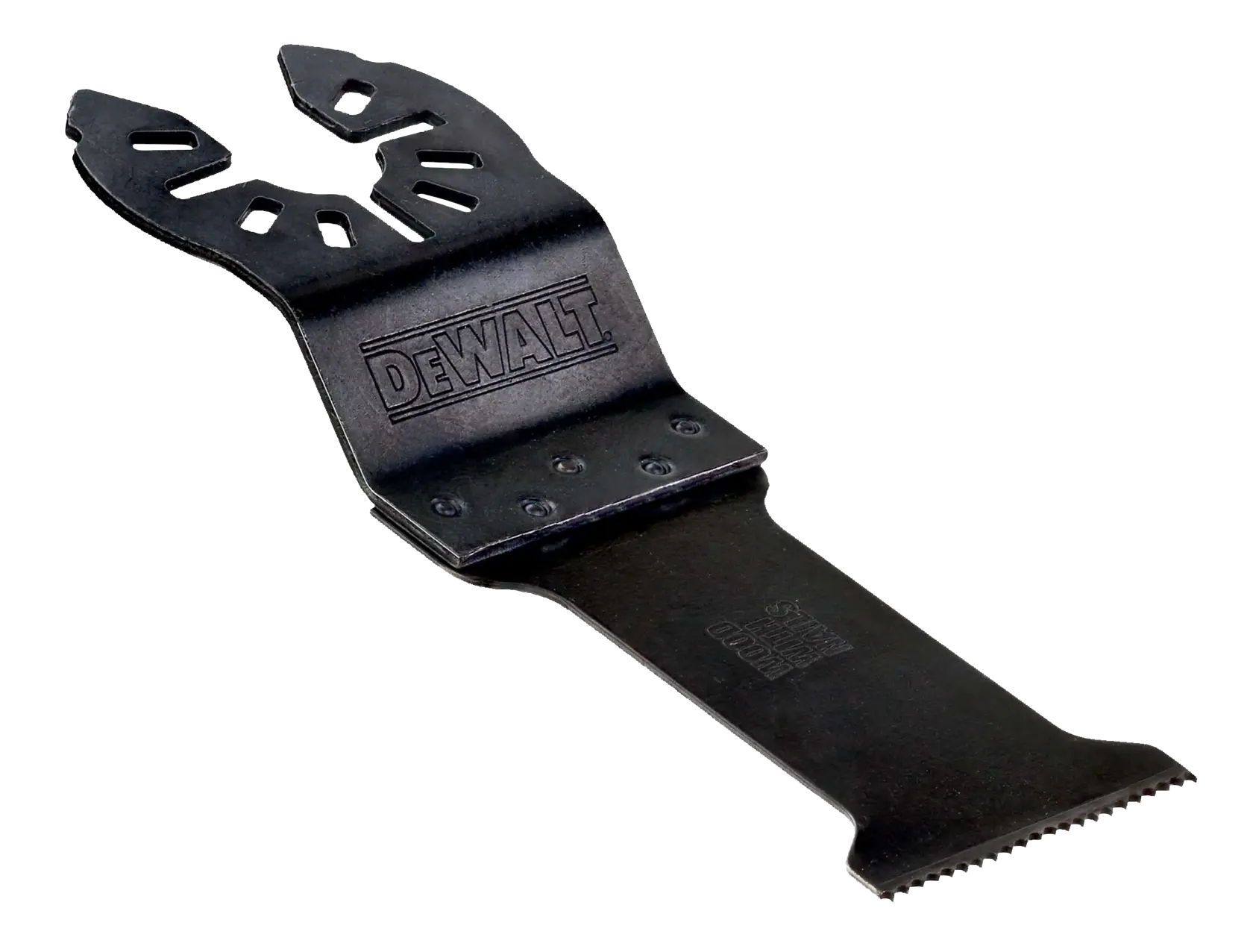 Schwarzes DEWALT Zubehör für oszillierende Multitools, mit flacher Schneidkante und einem multifit Befestigungsende.