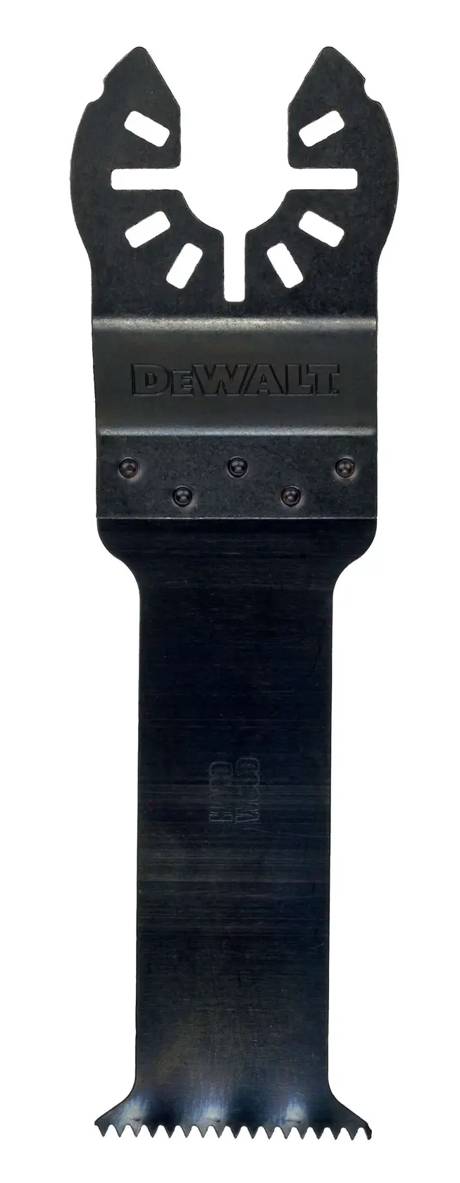 DEWALT DT20703 oszillierendes Sägeblatt mit gerader Kante und gezackter Spitze für Schneidarbeiten.
