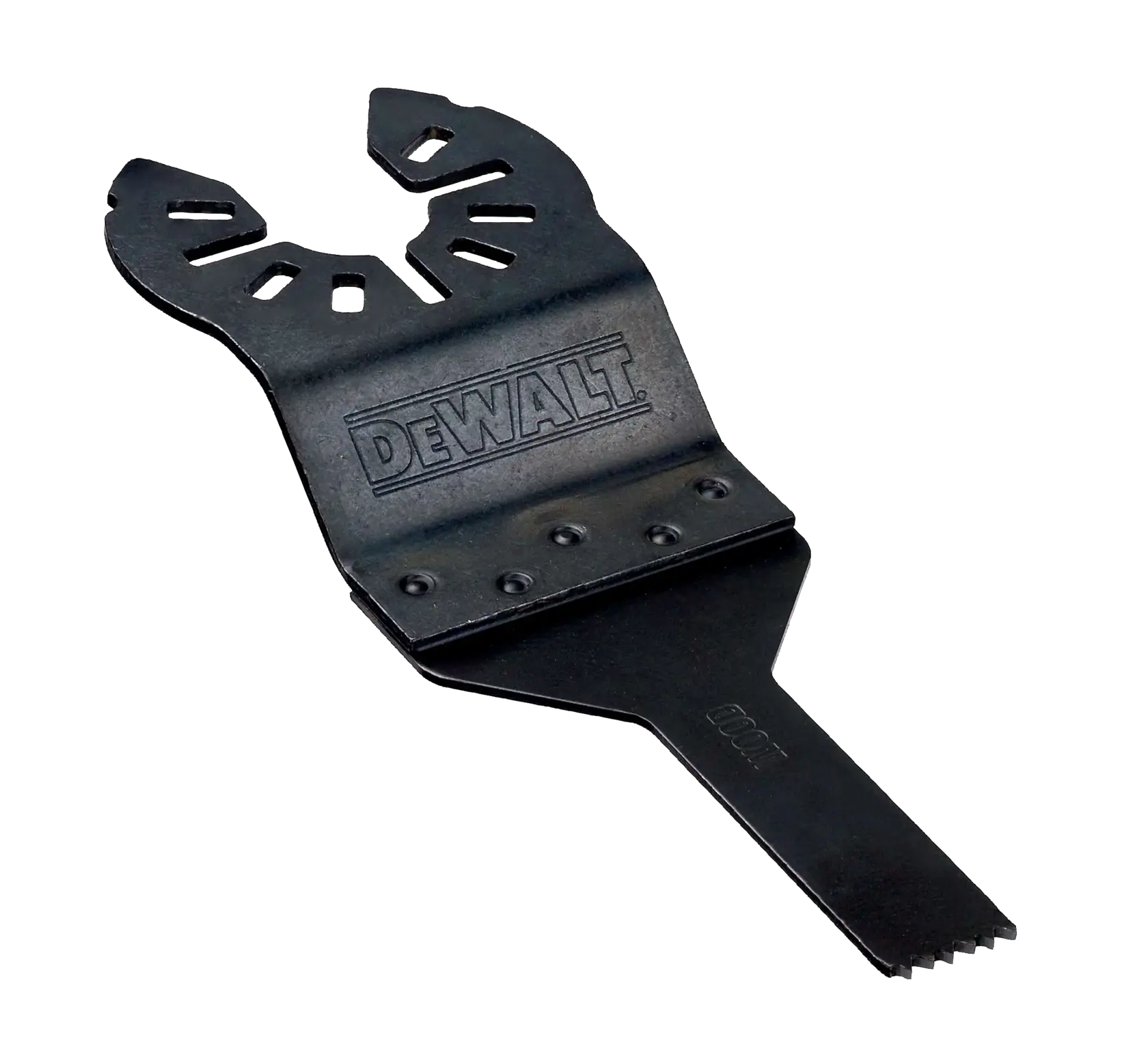 DEWALT DT20706 schwarzes Multitool-Sägeblatt mit gezahnter Kante auf weißem Hintergrund.
