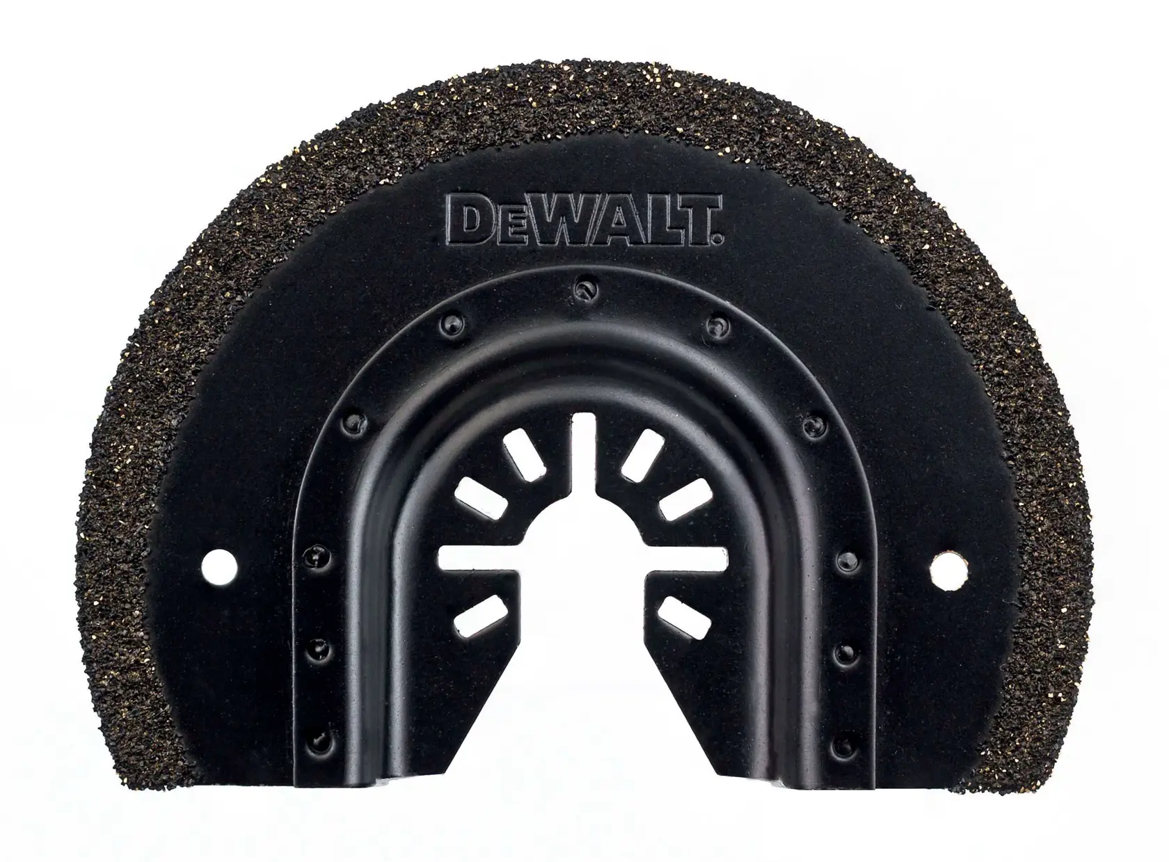 DEWALT halbkreisförmiges Hartmetallblatt für Multitools, schwarz, mit Gritkante und Mittelöffnungen.