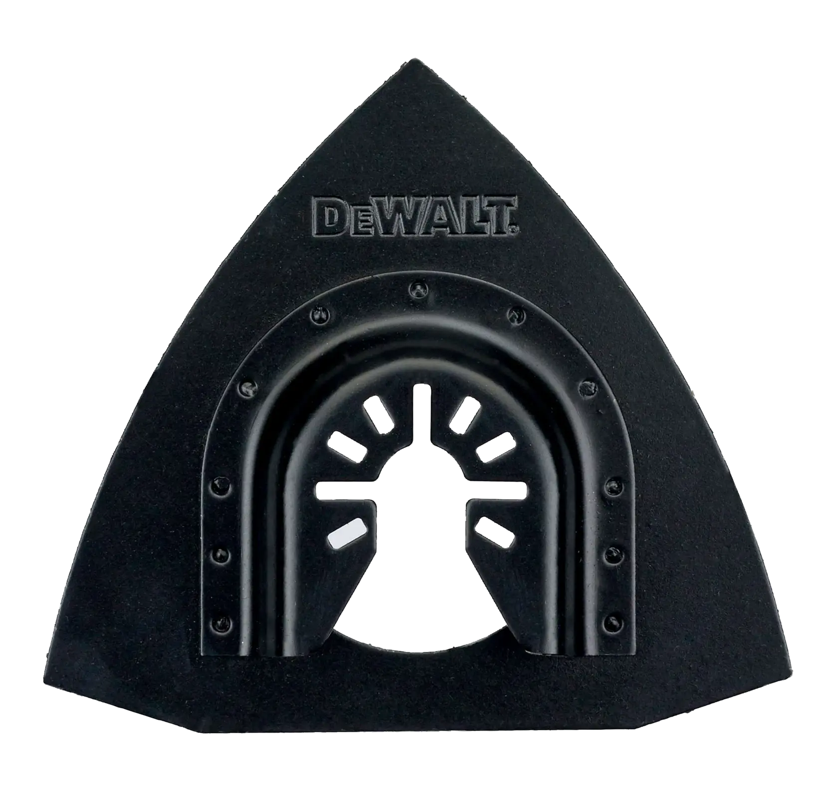 Schwarzes, dreieckiges Zubehörteil von DEWALT für Elektrowerkzeuge, vermutlich ein Schleifpad oder Aufsatz, mit zentraler Montageöffnung und ventilausähnlichen Ausschnitten.
