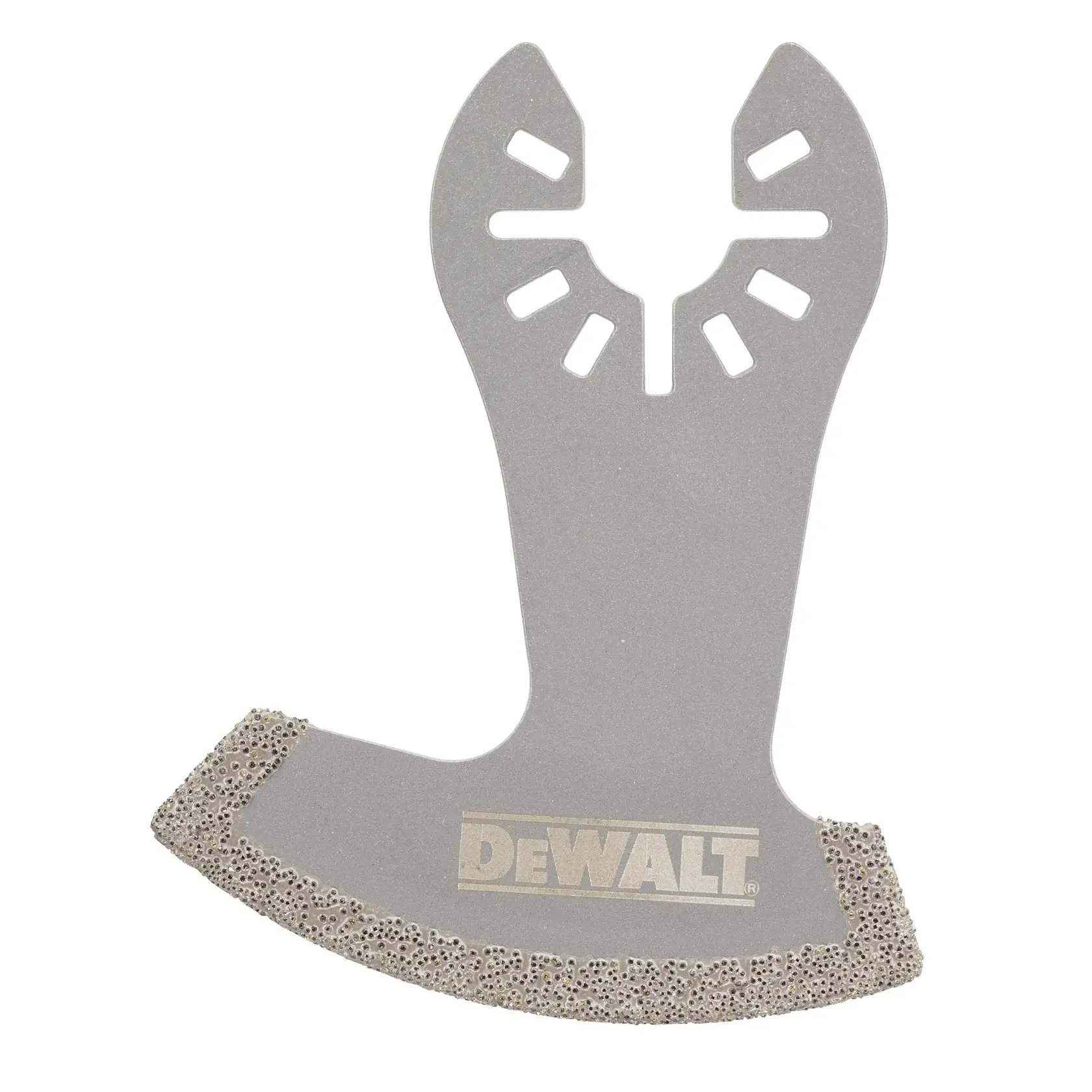 DEWALT Multitool-Sägeblatt mit Schleifkante, halbkreisförmig, metallisches graues Design.