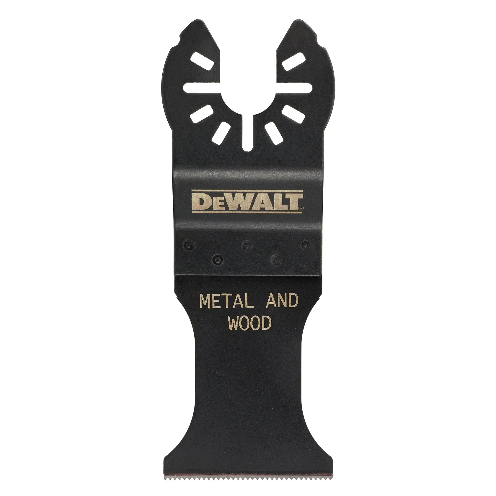 DEWALT DT20743 Oszillierendes Sägeblatt für Metall und Holz, schwarz mit Beschriftung.