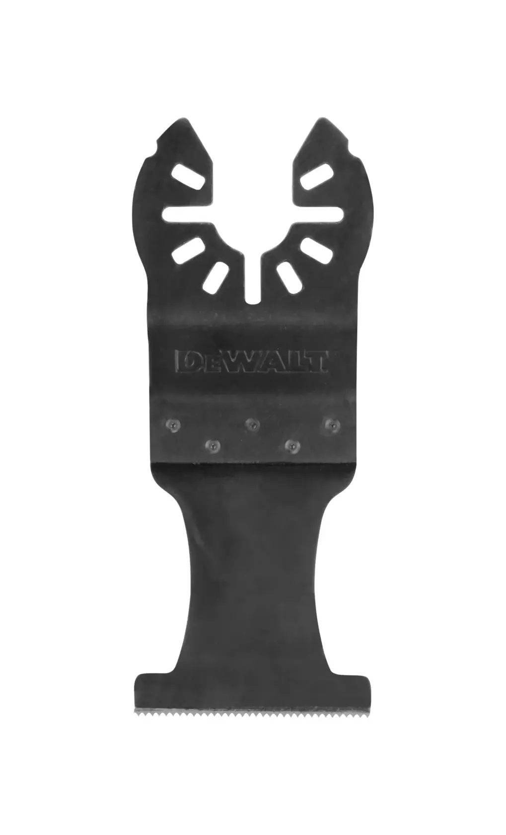 DEWALT DT20743 Schwingwerkzeugklinge für präzises Schneiden, schwarzes Metall mit feinen Zähnen.