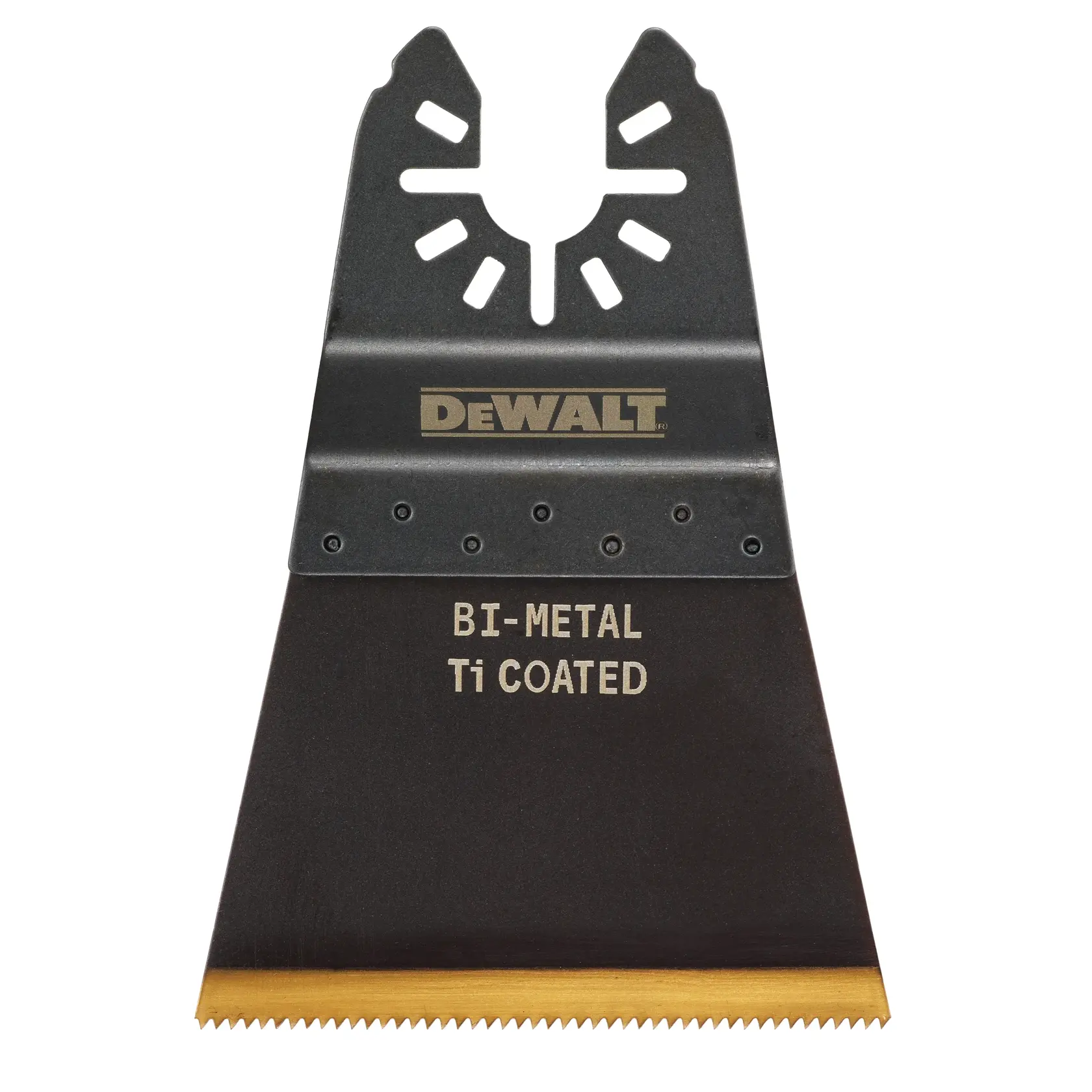 DEWALT Bi-Metall-Sägeblatt mit Ti-Beschichtung, flach und breit geformt mit scharfen Zähnen am unteren Rand, verwendet zum Schneiden mit oszillierenden Werkzeugen.