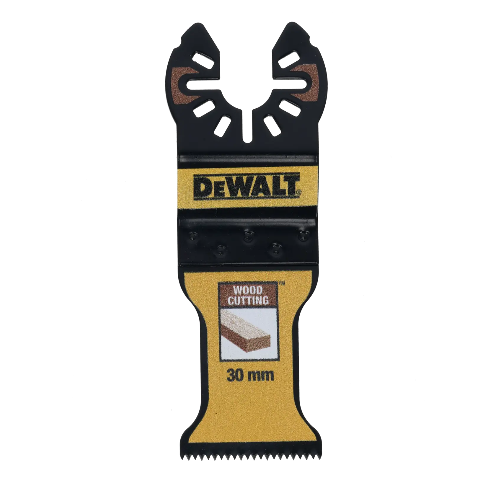 DEWALT Holzschnittklinge, 30 mm, schwarz-gelb mit Etikett für Holzbearbeitung.