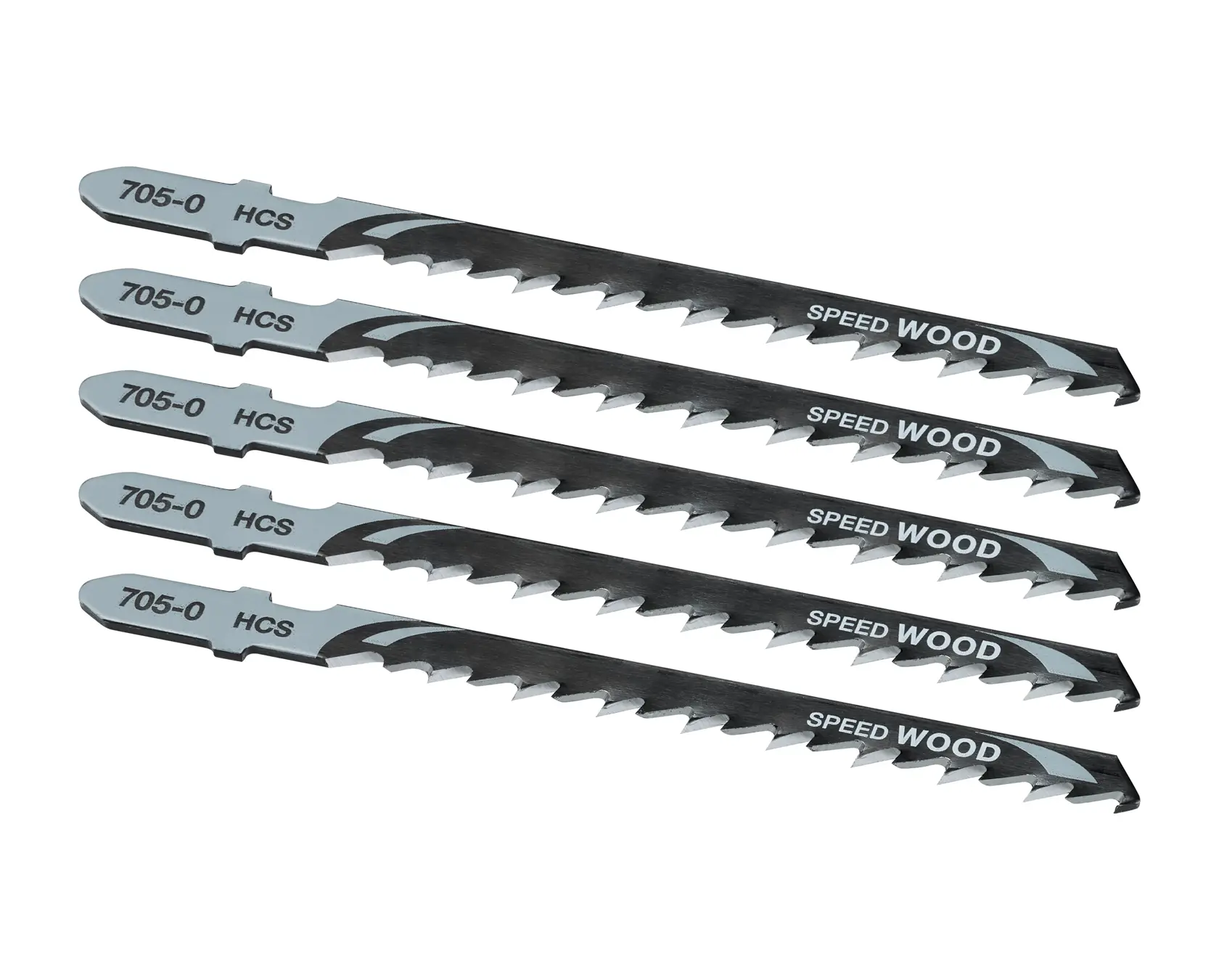 Juego de cinco hojas de sierra DEWALT DT2077 para madera, etiquetadas HCS y SPEED WOOD, en fila.