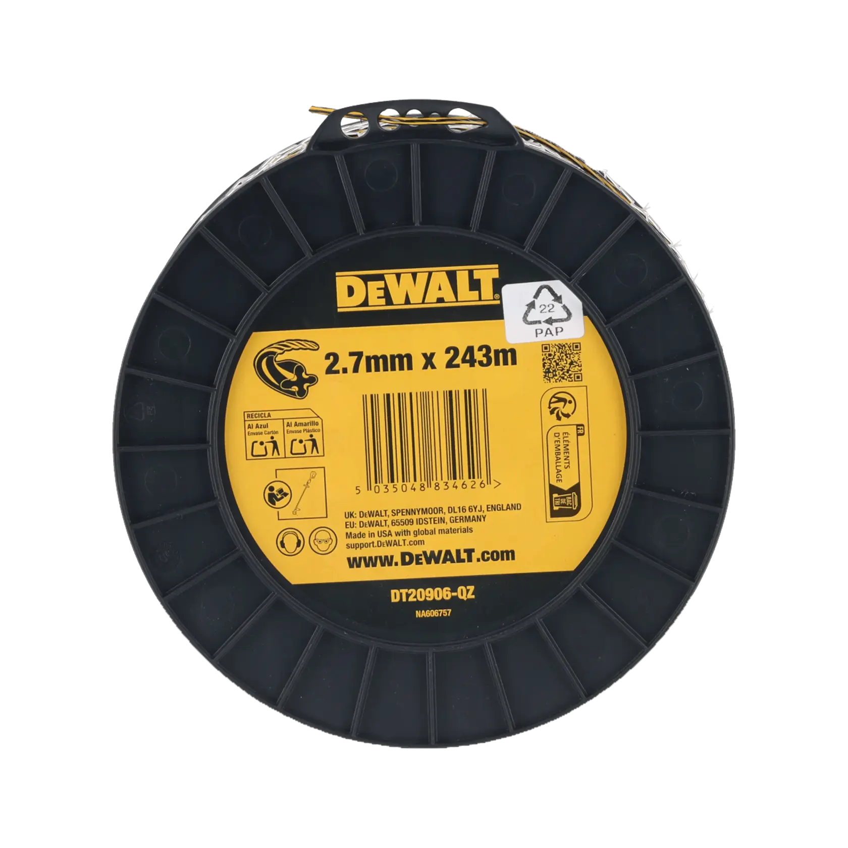 DEWALT Spule, 2,7mm x 243m. DT20906-QZ, DT20906. Schwarze runde Rolle mit gelbem Etikett.