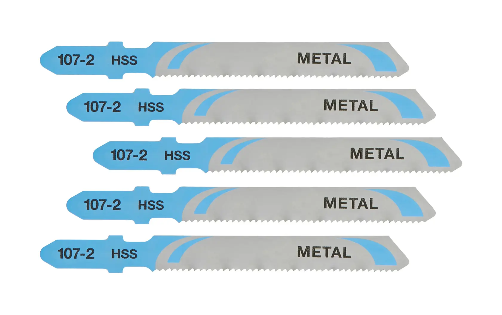 Fünf DEWALT DT2160 Metallsägeblätter, silber mit blauen Enden, nebeneinander auf weißem Hintergrund.