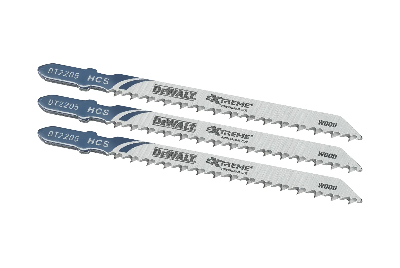 Tres hojas de calar DEWALT DT2205 para madera, etiquetadas HCS y Extreme Precision Cut.