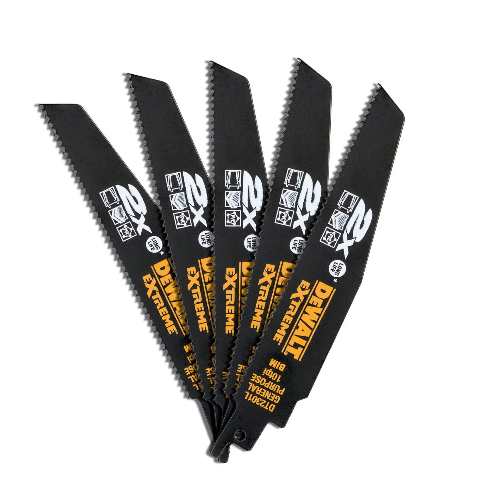 Juego de cinco hojas de sierra DEWALT DT2301L, negras con detalles amarillos, en abanico.