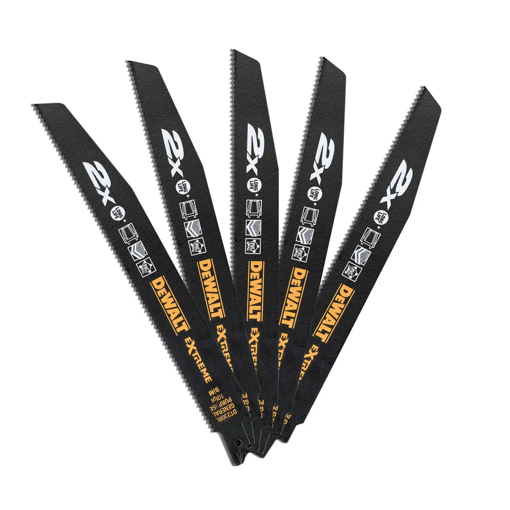 Fünf schwarze DEWALT DT2308L Säbelsägeblätter fächerförmig ausgebreitet mit Logos und Symbolen.