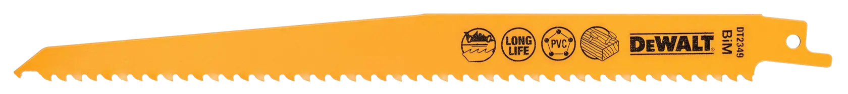 Gelbes DEWALT DT2349 Sägeblatt für Holz, PVC und Metall mit aufgedruckten Symbolen für lange Lebensdauer.