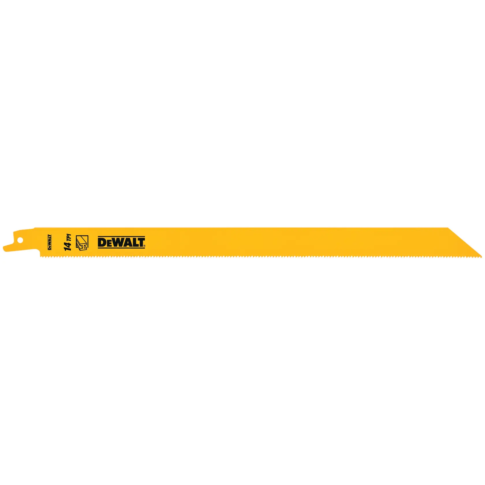 Una hoja de sierra recíproca amarilla DEWALT con dientes finos, modelo DT2355, adecuada para cortar metal.